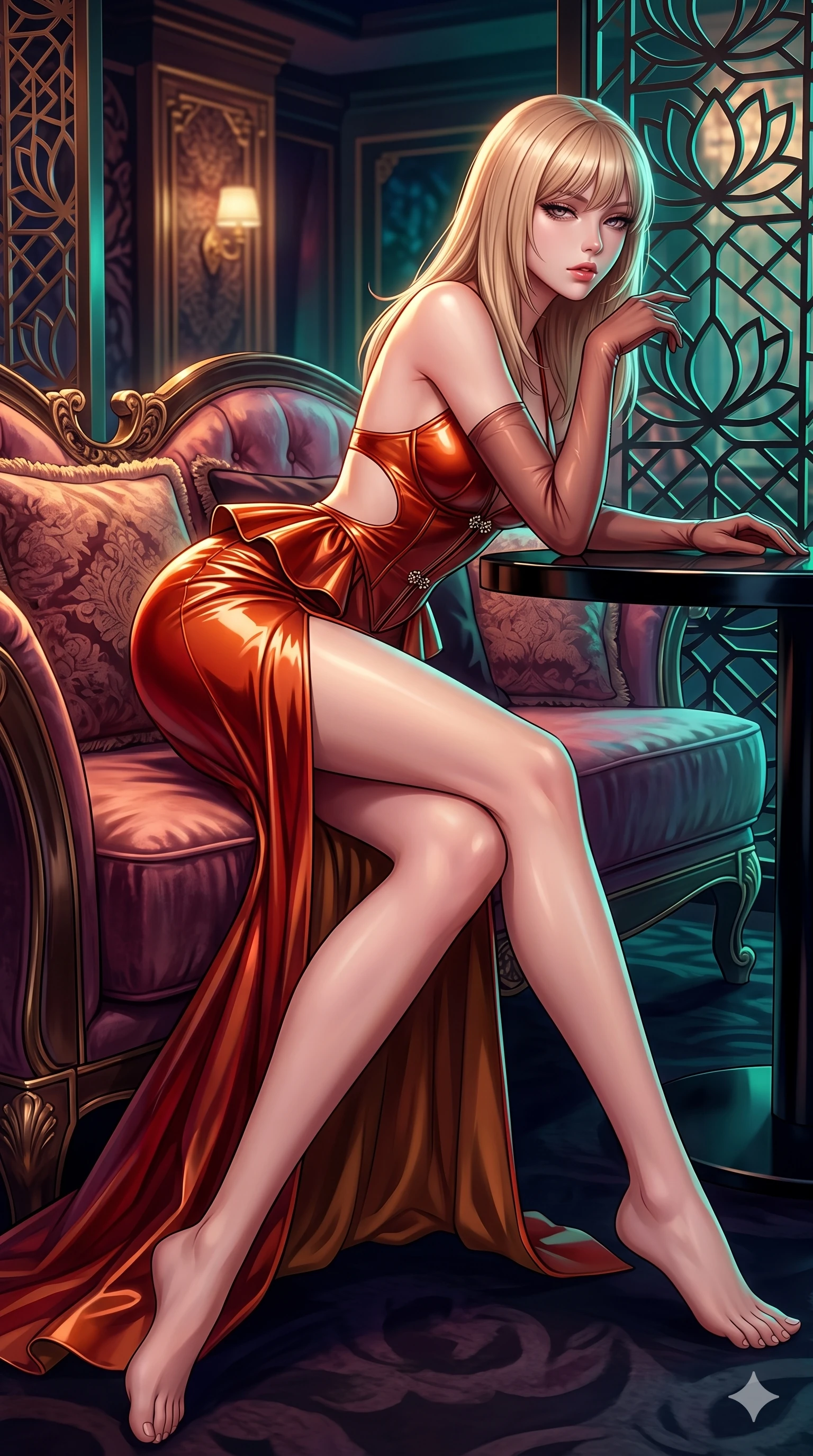 score_9, masterpiece, best quality, ultra-detailed, high-budget anime keyframe, semi-realistic 3D game render, editorial fashion photography, tasteful artistic composition, Japanese woman. low angle full-body shot from head to toe showing her feet, filling the entire 9:16 vertical frame with her statuesque presence, stretching her vertical silhouette. reclining gracefully across the plush chaise lounge with one leg extended, her sculpted silhouette and flat midriff radiating magnetic nocturnal glamour while leaning over the black obsidian cocktail table with hips cocked back, looking through geometric lotus screens with heavy-lidded seductive bedroom-eyes. The surrounding environment is rendered in vivid detail and crisp panoramic clarity: detailed peplum corset dress tailoring, jeweled clasp closures, and luxury VIP club interior in razor-sharp clarity. She has an exceptionally tall and slender model-like 8.5-heads proportion, an ultra-slim waist, a flat toned midriff, narrow delicate ribcage, and beautifully sculpted feminine hips creating a graceful, slim hourglass silhouette without any bulky heaviness, with impossibly long slender legs. sharp v-shaped jawline, high-bridge nose, intricate jewel-like sparkling eyes with depth, thick eyelashes, glossy parted lips with a natural sheen, intensely captivating and seductive bedroom-eyes expression, exuding both youthful cute charm and sovereign luxury allure, flawlessly proportioned anatomical accuracy, strict slender model proportions, natural body alignment, perfectly sculpted long slender limbs, ultra-slim waistline, clean dynamic posture without body distortion. wearing a sculptured liquid-satin mermaid gown with an architectural open-waist cutout and bare spine in imperial vermilion silk and warm bronze, tailored from high-gloss patent leather with mirror-like specular highlights, complemented by sheer opera-length evening gloves tracing her slender arms, the liquid-tight tailored fabric clinging flawlessly to her narrow waist and rounded feminine hips, emphasizing every millimeter of her sculpted slim hourglass curves without any bulky heaviness. illuminated by polished table bounce and sharp emerald-amber rim lights defining her razor-sharp jawline, narrow waist, and curvy hips. highly saturated vibrant anime colors, detailed shading with soft gradients, rich glossy textures, high-contrast stereoscopic depth, volumetric dynamic lighting, master piece, 9:16 ratio