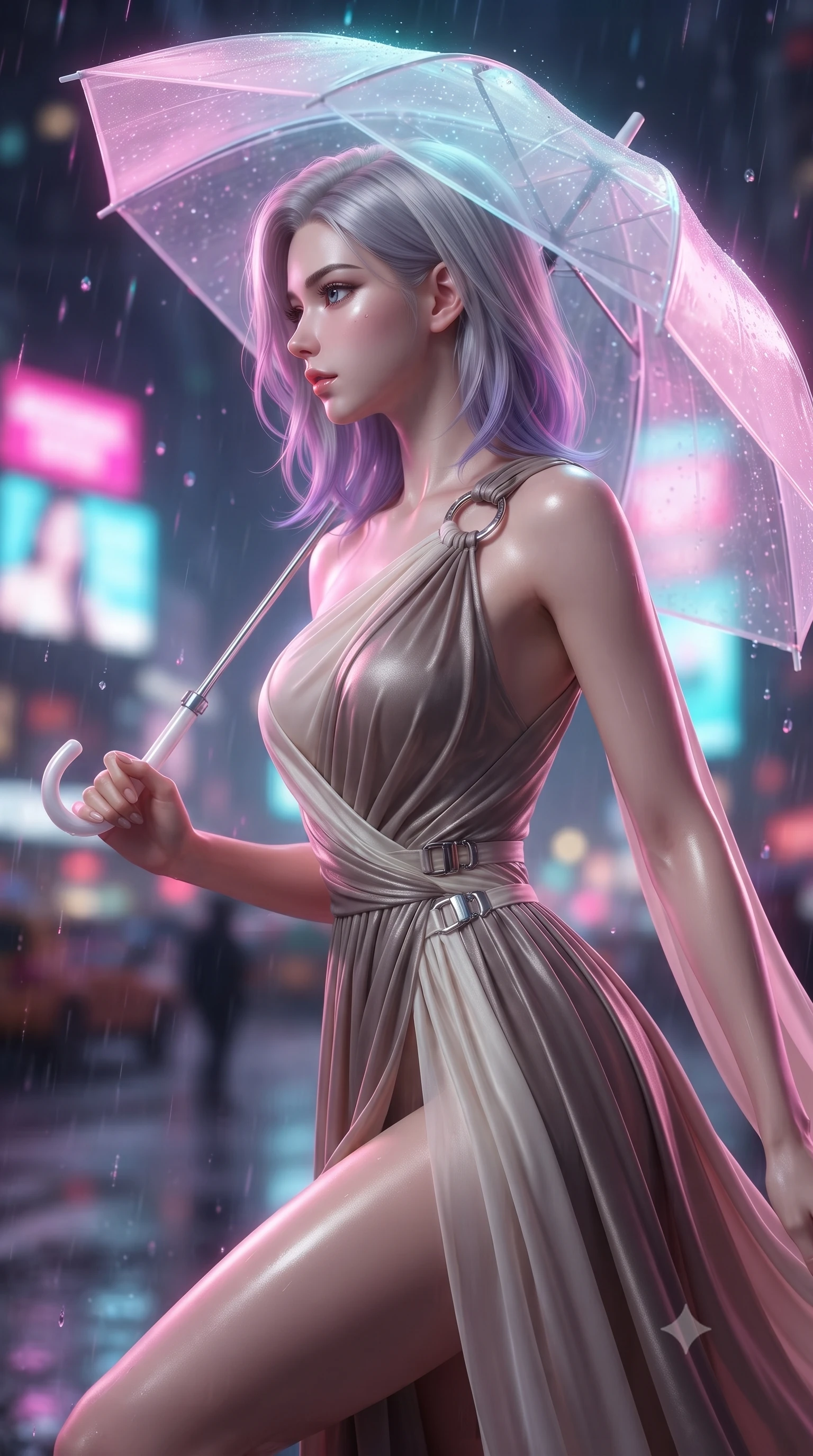 score_9, masterpiece, best quality, ultra-detailed, high-budget anime keyframe, editorial fashion photography, tasteful artistic composition, Caucasian woman. close-up cowboy shot from the waist and thighs up, the character dominates the composition, filling the frame with her large presence, background elements kept in soft focus. Turning her face in sharp profile while her upper body leans forward with poised athletic grace while holding a glowing translucent umbrella under vibrant magenta and cyan billboards, soft urban mist scattering vibrant magenta and cyan neon rim light around her form. She has an exceptionally elegant, slender, and willowy female figure with an ultra-slim waist, a gracefully sculpted slender torso, and a refined silhouette. sharp v-shaped jawline, high-bridge nose, intricate jewel-like eyes with depth, thick eyelashes, glossy lips with a natural sheen, flawlessly proportioned anatomical accuracy, natural body alignment, perfectly sculpted elegant limbs, clean dynamic posture without body distortion. wearing an asymmetrical Grecian draped chiffon gown with a metallic shoulder ring in muted taupe and soft ivory, made of premium stretch velvet with a rich sheen, detailed with polished silver buckles along the waistline, the sleek second-skin texture accentuating her magnetic presence. surrounded by a vibrant, atmospheric city glow with glistening raindrops. ultra-reflective glossy finish, specular highlights, metallic sheen, high-contrast stereoscopic depth, volumetric dynamic lighting, 2k, ultra detail, master piece, 9:16 ratio