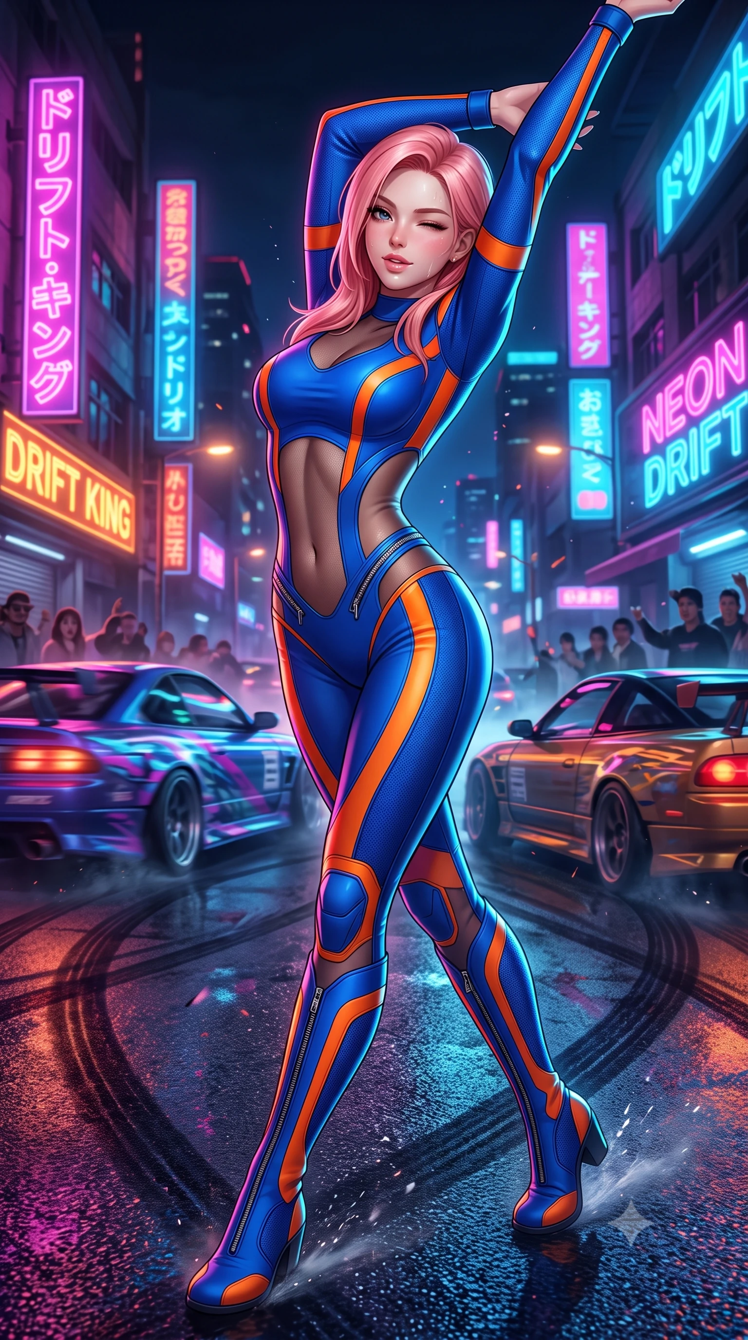 score_9, masterpiece, best quality, ultra-detailed, high-budget anime keyframe, semi-realistic 3D game render, editorial fashion photography, tasteful artistic composition, Japanese woman. close-up cowboy shot from the waist and thighs up, the character dominates the composition, filling the frame with her large presence. arching her back languidly with arms stretching overhead, highlighting her narrow waist and feminine silhouette in pure supermodel elegance while pivoting sharply with supermodel momentum on the wet tarmac, a playful wink breaking across her radiant face. The surrounding environment is rendered in vivid detail and crisp panoramic clarity. intense neon-noir chiaroscuro and exhilarating urban drift culture aesthetics rendered with precision. She has an exceptionally elegant, slender, and willowy female figure with an ultra-slim waist, a gracefully sculpted slender torso, toned flat midriff, and a refined slim silhouette. sharp v-shaped jawline, high-bridge nose, intricate jewel-like eyes with depth, thick eyelashes, glossy parted lips with a natural sheen, intensely captivating and seductive expression, flawlessly proportioned anatomical accuracy, strict slender model proportions, natural body alignment, perfectly sculpted long slender limbs, ultra-slim waistline, clean dynamic posture without body distortion. wearing a second-skin motocore bodysuit with bold racing stripes and ergonomic aerodynamic knee-high boots in electric cobalt blue and high-contrast orange, made of stretchy athletic knit with sheer mesh cutout inserts, accented with diagonal metal zippers running across the side-waist cutouts, the athletic second-skin cut highlighting her toned flat midriff and slender model proportions during dynamic action. surrounded by an adrenaline-fueled, audacious, and wildly charismatic drift idol aura. highly saturated vibrant anime colors, detailed shading with soft gradients, rich glossy textures, high-contrast stereoscopic depth, volumetric dynamic lighting, master piece, 9:16 ratio