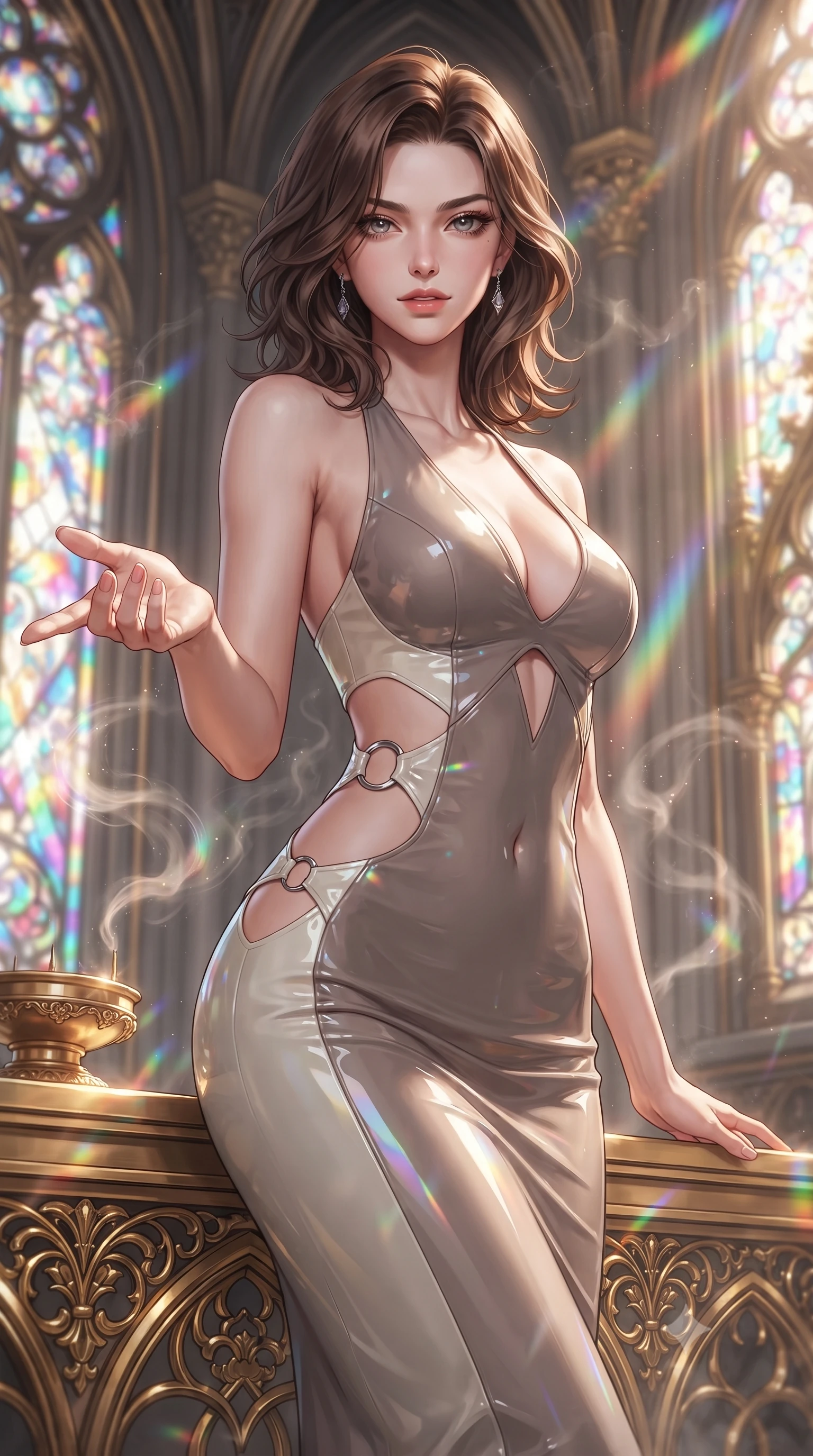 score_9, masterpiece, best quality, ultra-detailed, high-budget anime keyframe, editorial fashion photography, tasteful artistic composition, Korean woman. close-up cowboy shot from the waist and thighs up, the character dominates the composition, filling the frame with her large presence, background elements kept in soft focus. Reaching one hand gracefully toward the viewer with effortless superiority and allure poised on a golden filigree altar surrounded by glowing incense vapors, golden filigree details on the architecture shining with brilliant luster. She has an exceptionally elegant, slender, and willowy female figure with an ultra-slim waist, a gracefully sculpted slender torso, and a refined silhouette. sharp v-shaped jawline, high-bridge nose, intricate jewel-like eyes with depth, thick eyelashes, glossy lips with a natural sheen. wearing a deep-scoop halter bodycon dress with hip cutouts connected by silver rings in muted taupe and soft ivory, tailored from high-gloss patent leather, featuring clean architectural cutouts along her slender torso, the form-contouring material highlighting her ultra-slim waist and long lines. bathed in cascading rainbow prismatic light refracting through stained glass. ultra-reflective glossy finish, specular highlights, metallic sheen, high-contrast stereoscopic depth, volumetric dynamic lighting, 2k, ultra detail, master piece, 9:16 ratio