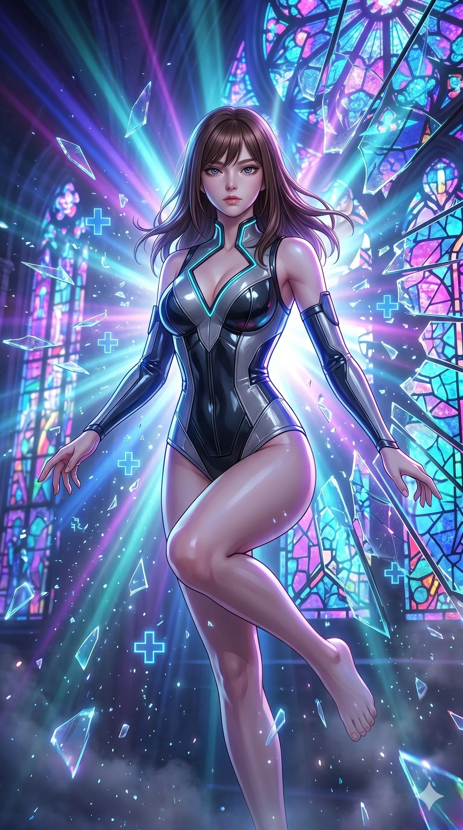 score_9, masterpiece, best quality, ultra-detailed, high-budget anime keyframe, editorial fashion photography, tasteful artistic composition, Korean woman. Upper body close-up from the thighs up, character filling the screen for maximum presence. She is leaping through shattered stained glass of a neon-lit futuristic cathedral. She maintains a serene yet captivating expression amidst a rain of glowing shards and floating digital cross symbols. She has an absolutely perfect 8-heads proportion, a tall and elegant figure with a refined silhouette and a defined waistline. V-shaped jawline, high-bridge nose, intricate jewel-like eyes with depth, thick eyelashes, glossy lips with a natural sheen. She is wearing a structured cybernetic bodice in glossy vinyl panels, paired with detached sleeves and a refined V-neckline detailed with glowing piping. The scene is backlit by intense multi-colored neon light rays and volumetric dawn light filtering through fog. 2k, ultra detail, master piece, 9:16 ratio