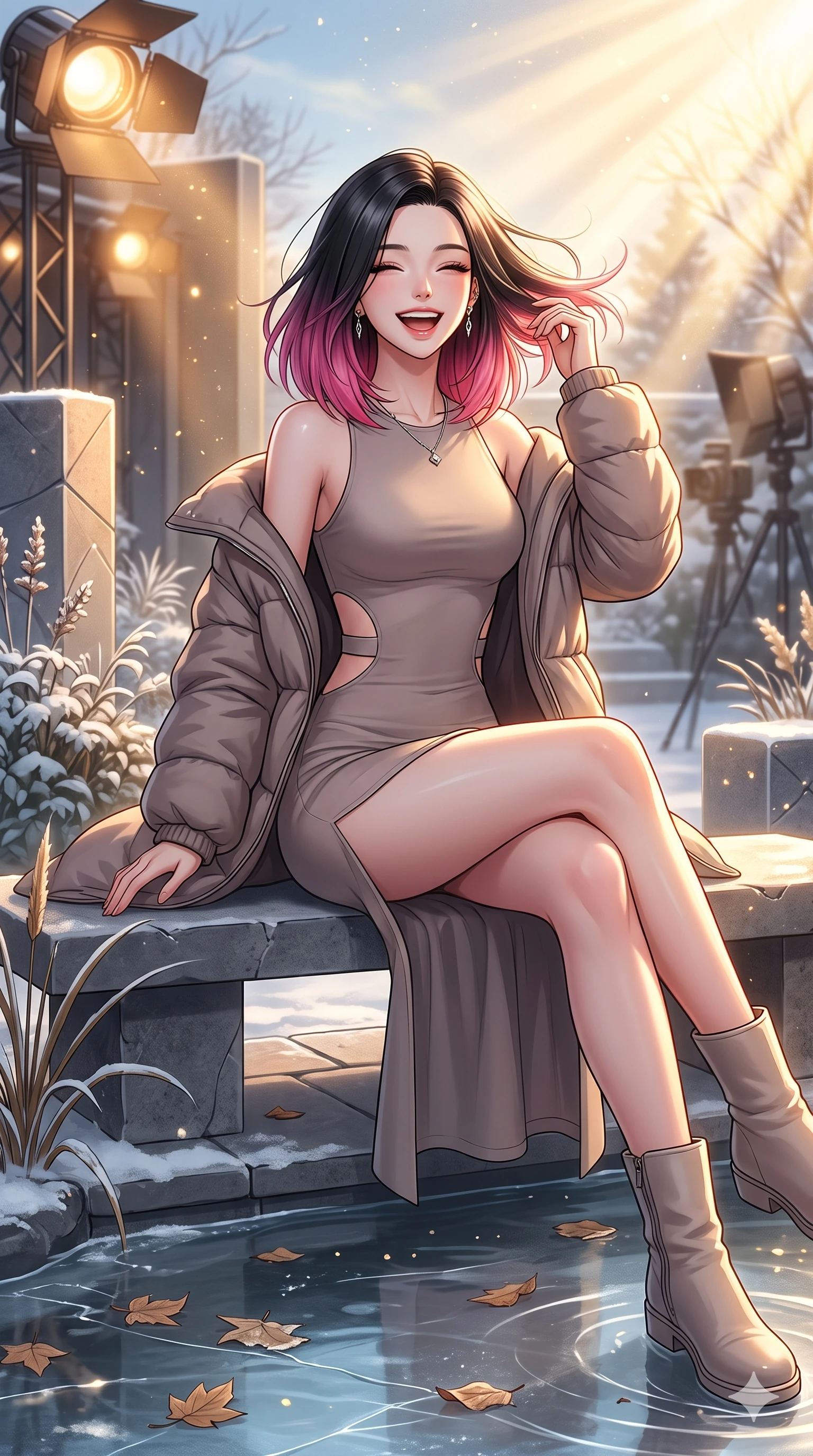 score_9, masterpiece, best quality, ultra-detailed, high-budget anime keyframe, vibrant anime aesthetic, Korean woman. cowboy shot from the thighs up, character and outfit filling the frame for maximum presence. She is sitting by the garden pond, laughing wind-swept and happy in the sunbeams in winter inside a high-fashion editorial set with warm spot lights (Code-P21-075). She has an absolutely perfect 8-heads proportion, an exceptionally tall and slender female figure with impossibly long slender legs and an ultra-slim waist. V-shaped jawline, high-bridge nose, intricate jewel-like eyes with depth, thick eyelashes, glossy lips with a natural sheen. wearing a bodycon dress with side cut-outs and high-slit leg line in winter snow. She is brilliant golden rays radiating from the winter sky, creating a warm glowing atmosphere. 2k, ultra detail, master piece, 9:16 ratio
