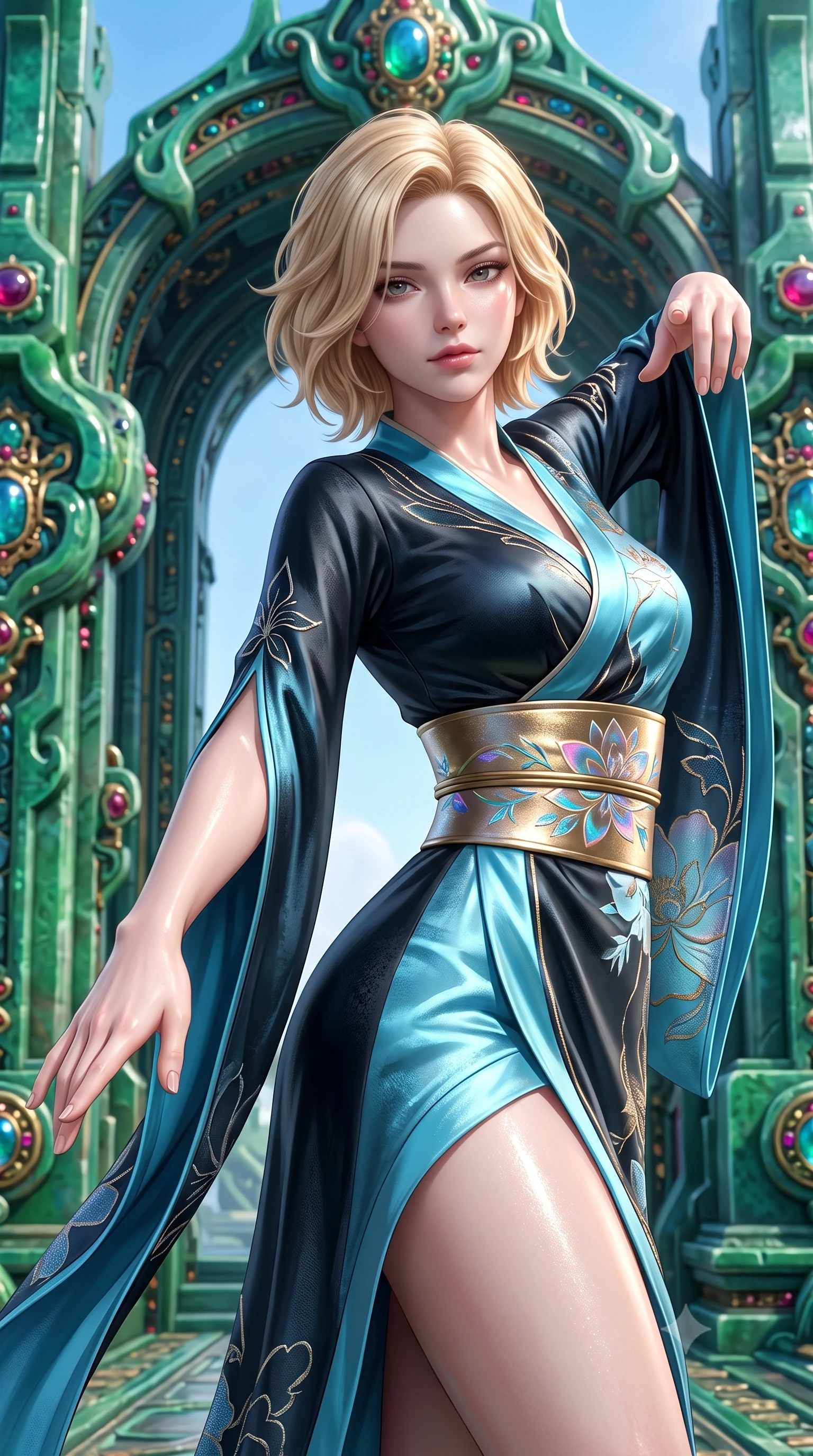 score_9, masterpiece, best quality, ultra-detailed, high-budget anime keyframe, semi-realistic 3D game render, editorial fashion photography, tasteful artistic composition, Caucasian woman. close-up cowboy shot from the waist and thighs up, the character dominates the composition, filling the frame with her large presence. extending one slender arm gracefully toward the foreground while casting an affectionate, mesmerizing glance while arching her spine in a fluid martial arts greeting stance before the colossal biomechanical jade palace gates. The surrounding environment is rendered in vivid detail and crisp panoramic clarity. vibrant high-contrast oriental sci-fi chiaroscuro and imperial dragon sanctuary aesthetics in precision. She has an exceptionally elegant, slender, and willowy female figure with an ultra-slim waist, a gracefully sculpted slender torso, toned flat midriff, and a refined slim silhouette. sharp v-shaped jawline, high-bridge nose, intricate jewel-like eyes with depth, thick eyelashes, glossy lips with a natural sheen, captivating and magnetic expression, flawlessly proportioned anatomical accuracy, strict slender model proportions, natural body alignment, perfectly sculpted long slender limbs, ultra-slim waistline, clean dynamic posture without body distortion. wearing a traditional-modern silk fusion wrap dress with asymmetric trailing sleeves and waist-cinching obi in dark ink-wash black and radiant moonlight cyan, woven from fine mulberry silk with metallic thread embroidery, complemented by a wide metallic gold obi sash with holographic floral embroidery, the glove-like aerodynamic second-skin fit tightly clinging to her ultra-slender waist and athletic curves without adding bulk, accentuating her razor-sharp statuesque lines and slim hourglass silhouette. illuminated by wet reflective highlights defining her sculpted neck, waistline, and slender legs. highly saturated vibrant anime colors, detailed shading with soft gradients, rich glossy textures, high-contrast stereoscopic depth, volumetric dynamic lighting, master piece, 9:16 ratio