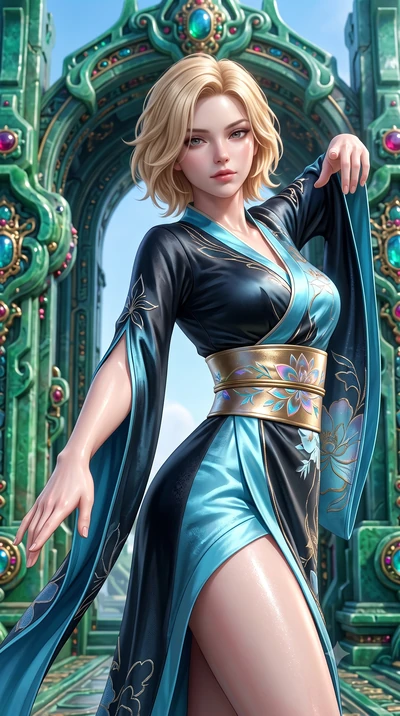 score_9, masterpiece, best quality, ultra-detailed, high-budget anime keyframe, semi-realistic 3D game render, editorial fashion photography, tasteful artistic composition, Caucasian woman. close-up cowboy shot from the waist and thighs up, the chara