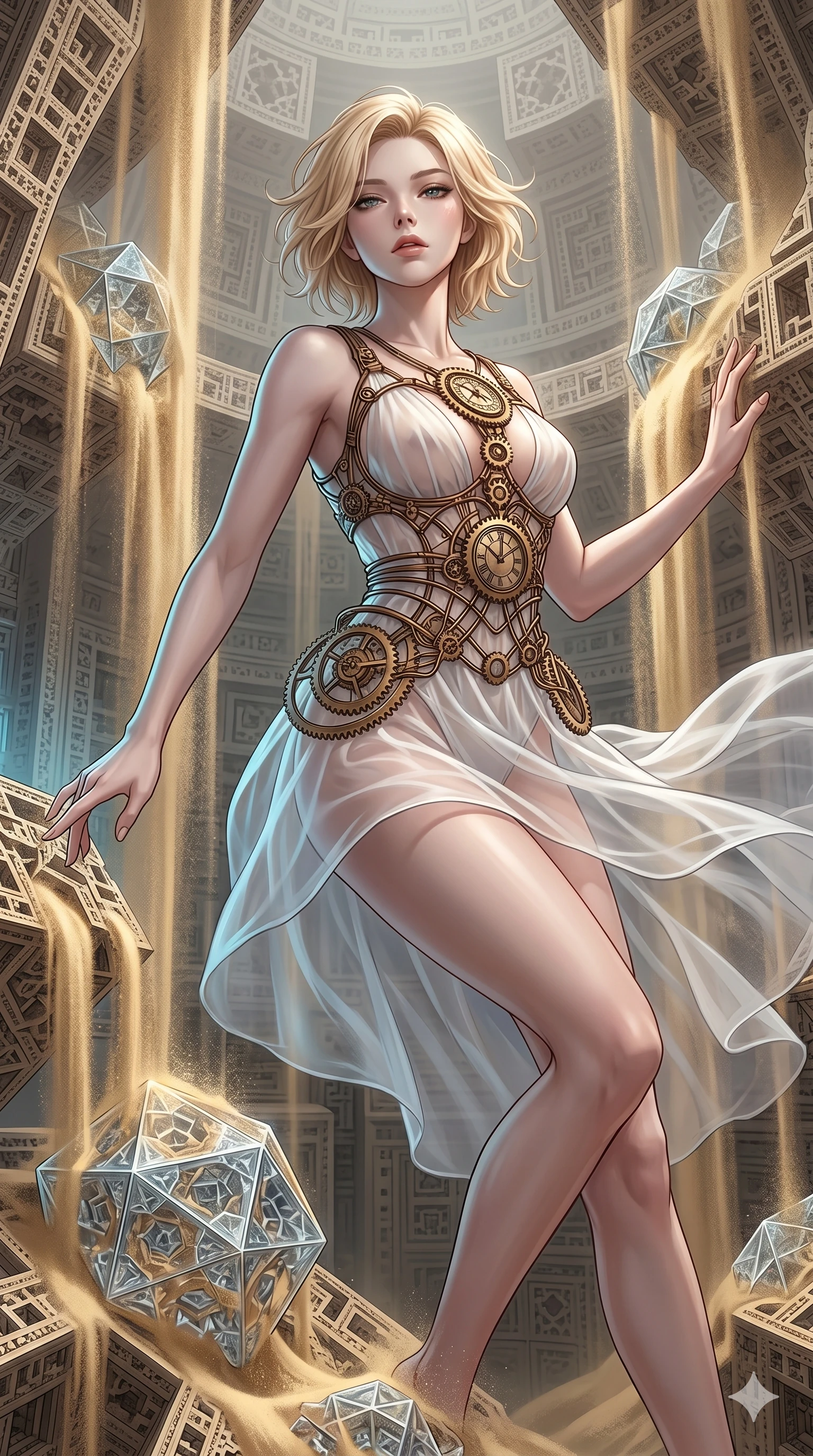 score_9, masterpiece, best quality, ultra-detailed, high-budget anime keyframe, Korean woman. upper body close-up from the thighs up, character filling the screen for maximum presence. descending through a fractal quicksand temple where golden sand waterfalls transform into glass crystals, revealing intricate repeating patterns. She has an absolutely perfect 8-heads proportion, an exceptionally tall and slender female figure with impossibly long slender legs and an ultra-slim waist. V-shaped jawline, high-bridge nose, intricate jewel-like eyes with depth, thick eyelashes, glossy lips with a natural sheen.. wearing a chrono-gear wire harness couture, featuring micro-bronze gear wire harness cinching her waist, over a sheer white organza dress. lit by a soft glowing ambient light and a sharp side key light that traces the sleek contours of her athletic build. 2k, ultra detail, master piece, 9:16 ratio