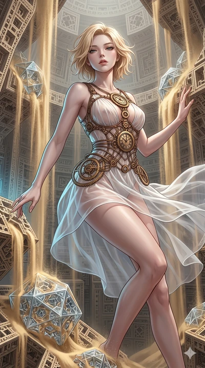 score_9, masterpiece, best quality, ultra-detailed, high-budget anime keyframe, Korean woman. upper body close-up from the thighs up, character filling the screen for maximum presence. descending through a fractal quicksand temple where golden sand w