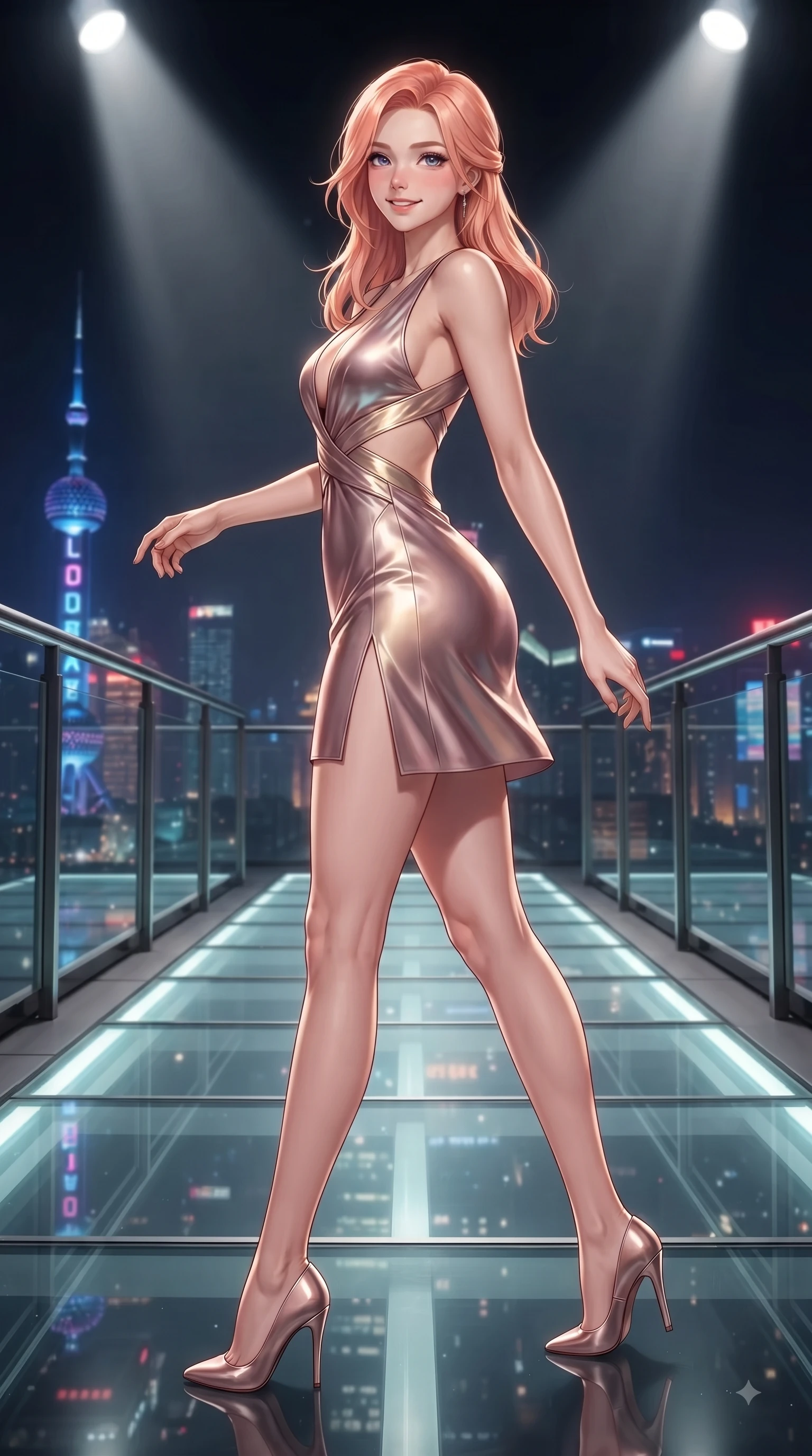 score_9, masterpiece, best quality, ultra-detailed, high-budget anime keyframe, editorial fashion photography, tasteful artistic composition, Japanese woman. low angle full-body shot from head to toe showing her feet, filling the entire 9:16 vertical frame with her statuesque presence, stretching her vertical silhouette. pivoting dynamically in mid-motion with a delighted cute expression, displaying her perfect model proportions while walking down an illuminated glass runway under sleek fashion spotlights, glistening city skyline lights and neon tower signs twinkling softly through glass railings. She has an absolutely perfect, statuesque 8.5-heads proportion, an exceptionally tall and slender model-like female figure with impossibly long slender legs and an ultra-slim waist. sharp v-shaped jawline, high-bridge nose, intricate jewel-like eyes with depth, thick eyelashes, glossy lips with a natural sheen, flawlessly proportioned anatomical accuracy, natural body alignment, perfectly sculpted elegant limbs, clean dynamic posture without body distortion. wearing a liquid mercury gloss mini dress with ultra-deep V-neck and waist cutouts in dusty rose and champagne gold, crafted from smooth liquid silk, finished with a sleek side slit ascending to mid-thigh, the elegant draped fit framing her graceful clavicle and slender torso. surrounded by a sophisticated, high-fashion nightlife aura. ultra-reflective glossy finish, specular highlights, metallic sheen, high-contrast stereoscopic depth, volumetric dynamic lighting, 2k, ultra detail, master piece, 9:16 ratio