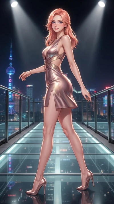 score_9, masterpiece, best quality, ultra-detailed, high-budget anime keyframe, editorial fashion photography, tasteful artistic composition, Japanese woman. low angle full-body shot from head to toe showing her feet, filling the entire 9:16 vertical