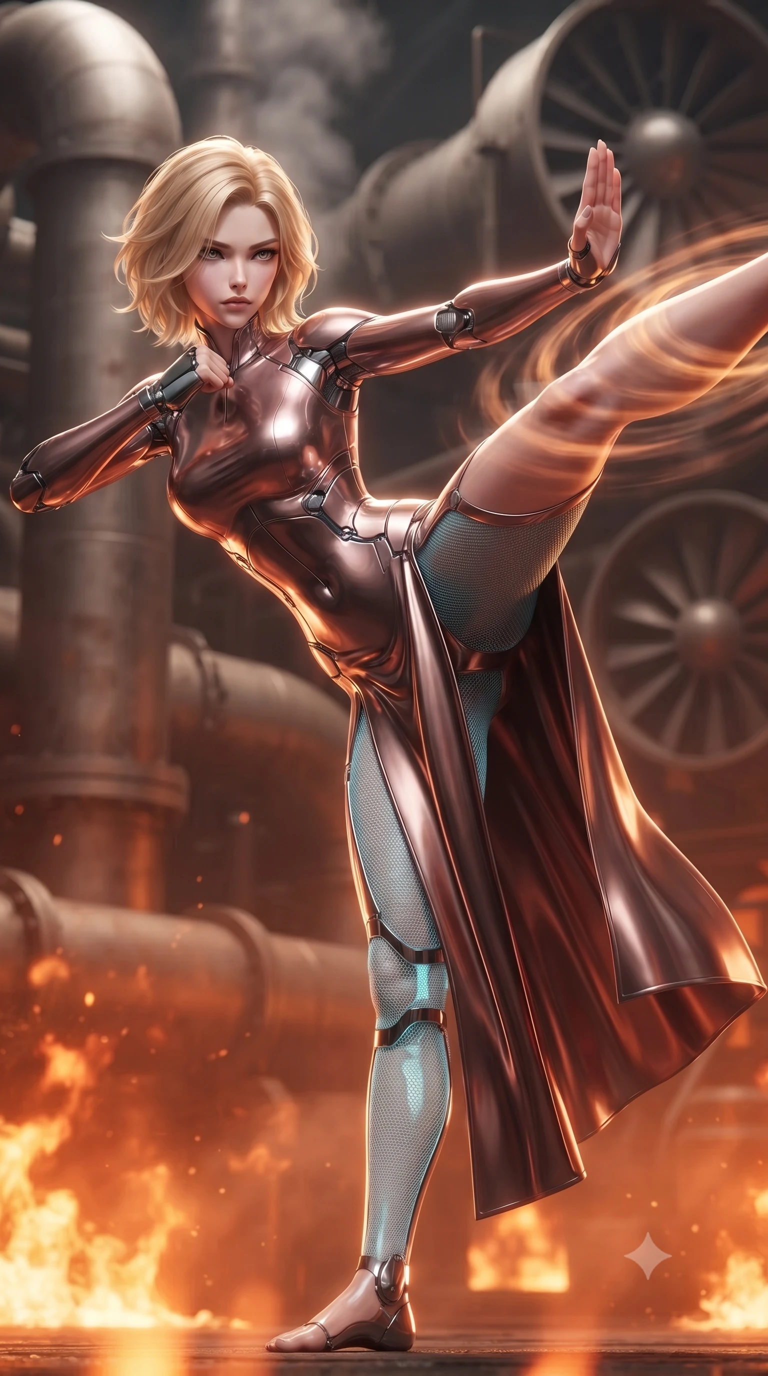score_9, masterpiece, best quality, ultra-detailed, high-budget anime keyframe, editorial fashion photography, tasteful artistic composition, Caucasian woman. close-up cowboy shot from the waist and thighs up, the character dominates the composition, filling the frame with her large presence. twisting her upper body in a dynamic S-curve martial arts stance, cybernetic elbow dampers emitting subtle electric sparks as she aims a focused palm strike while pivoting dynamically on one palm as her long slender leg sweeps through the air, creating a swirling vortex of heat waves. The composition keeps background elements in soft focus with creamy bokeh. massive industrial reactor pipes and steam exhaust turbines softened in atmospheric shallow focus. She has an exceptionally elegant, slender, and willowy female figure with an ultra-slim waist, a gracefully sculpted slender torso, toned flat midriff, and a refined slim silhouette. sharp v-shaped jawline, high-bridge nose, intricate jewel-like eyes with depth, thick eyelashes, glossy lips with a natural sheen, flawlessly proportioned anatomical accuracy, strict slender model proportions, natural body alignment, perfectly sculpted long slender limbs, ultra-slim waistline, clean dynamic posture without body distortion. wearing a form-fitting luminous rose-gold carbon combat gown with tactical high leg slits and flexible kinetic knee articulation in glacial ice-cyan carbon mesh with pure white armor plates, formed from high-gloss patent carbon-plating with specular chiaroscuro reflections, detailed with magnetic knuckle shock-absorbers and polished chrome articulation joints, the sleek second-skin cut tightly hugging her graceful clavicle, narrow waist, and feminine curves with athletic precision. bathed in blazing orange magma uplights and warm amber reactor ambient radiance. ultra-reflective glossy finish, specular highlights, dark metallic sheen, high-contrast stereoscopic depth, volumetric dynamic lighting, 2k, ultra detail, master piece, 9:16 ratio
