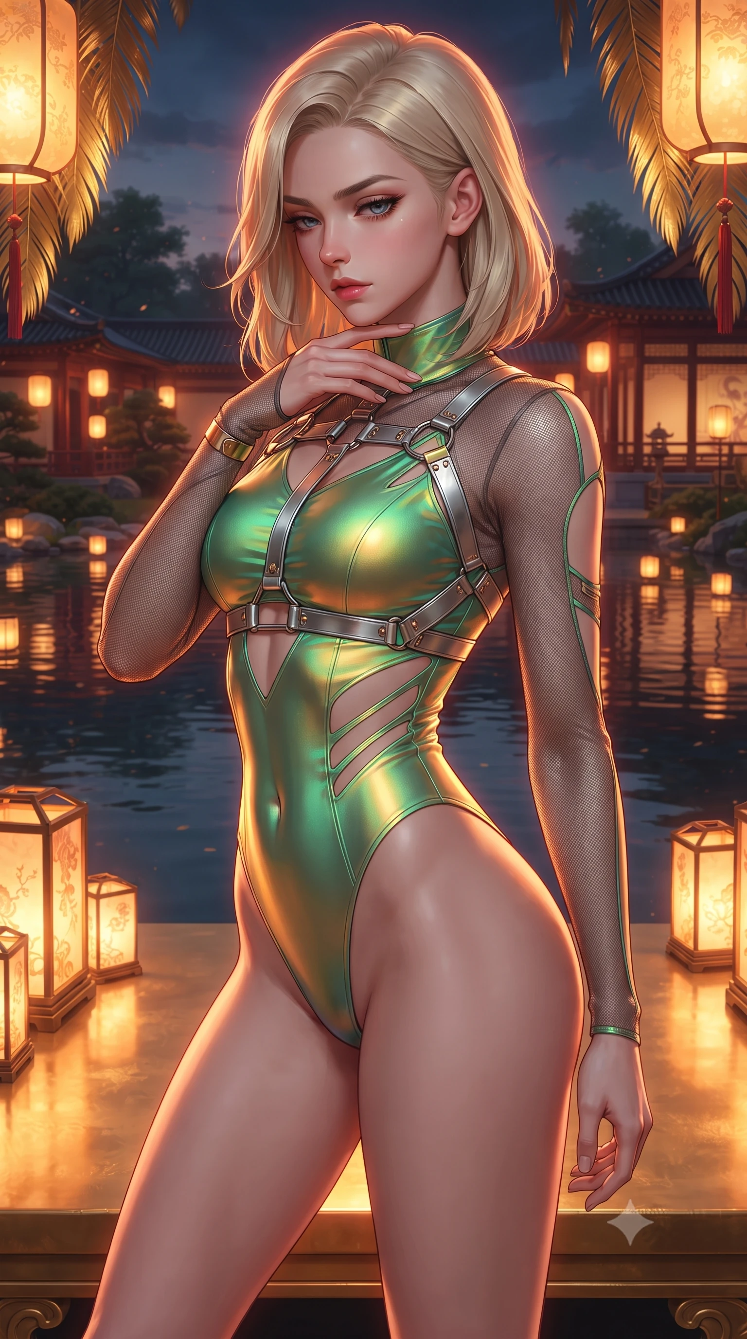 score_9, masterpiece, best quality, ultra-detailed, high-budget anime keyframe, editorial fashion photography, tasteful artistic composition, Caucasian woman. close-up cowboy shot from the waist and thighs up, the character dominates the composition, filling the frame with her large presence. resting her fingers lightly against her throat while looking down with a smoldering, haughty yet intensely captivating glance while arching her back gracefully on an elevated golden dais as warm palace lanterns cast flickering S-curve shadows. The surrounding environment is rendered in vivid detail and crisp panoramic clarity. sharp golden feather barbules, glowing paper lantern details, and lake water reflections in high clarity. She has an exceptionally elegant, slender, and willowy female figure with an ultra-slim waist, a gracefully sculpted slender torso, toned flat midriff, and a refined slim silhouette. sharp v-shaped jawline, high-bridge nose, intricate jewel-like eyes with depth, thick eyelashes, glossy lips with a natural sheen, flawlessly proportioned anatomical accuracy, strict slender model proportions, natural body alignment, perfectly sculpted long slender limbs, ultra-slim waistline, clean dynamic posture without body distortion. wearing an ultra-sleek high-cut tech-bodysuit featuring dangerous diagonal slitted cutouts on the midriff and shoulders, reinforced by a metallic silver harness and sheer mesh sleeves in bright emerald green satin and gold hardware, made of smooth iridescent silk chiffon that shifts colors with movement, complemented by criss-cross back straps highlighting her completely bare spine, the glove-like aerodynamic second-skin fit tightly clinging to her ultra-slender waist and athletic curves without adding bulk, accentuating her razor-sharp statuesque lines and slim hourglass silhouette. bathed in warm golden lantern radiance and dramatic crimson ambient backlighting. ultra-reflective glossy finish, specular highlights, metallic sheen, high-contrast stereoscopic depth, volumetric dynamic lighting, 2k, ultra detail, master piece, 9:16 ratio