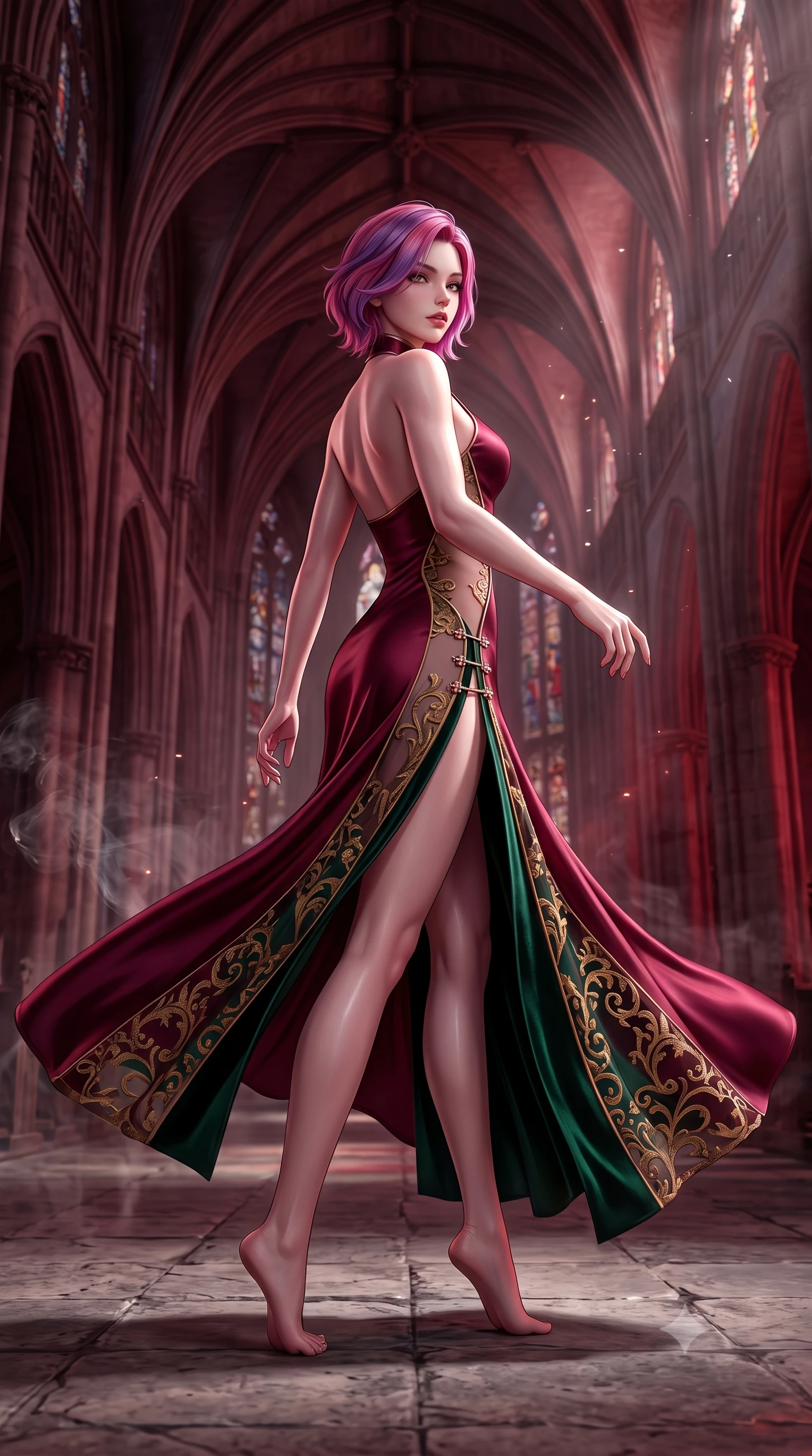 score_9, masterpiece, best quality, ultra-detailed, high-budget anime keyframe, semi-realistic 3D game render, editorial fashion photography, tasteful artistic composition, Caucasian woman. low angle full-body shot from head to toe showing her feet, filling the entire 9:16 vertical frame with her statuesque presence, stretching her vertical silhouette. executing an elegant mid-motion turn as garments swirl around her slender limbs, glancing over her shoulder with smoldering allure while pivoting dynamically beneath colossal gothic cathedral arches as a total lunar eclipse casts blood-crimson shadows. The composition keeps background elements in soft focus with creamy bokeh. drifting incense smoke and lunar light rays scattering ethereal radiant motes across the stone flags. She has an absolutely perfect, statuesque 8.5-heads proportion, an exceptionally tall and slender model-like female figure with impossibly long slender legs, a toned flat midriff, and an ultra-slim waist. sharp v-shaped jawline, high-bridge nose, intricate jewel-like eyes with depth, thick eyelashes, glossy parted lips with a natural sheen, intensely captivating and seductive expression, flawlessly proportioned anatomical accuracy, strict slender model proportions, natural body alignment, perfectly sculpted long slender limbs, ultra-slim waistline, clean dynamic posture without body distortion. wearing a high-collar burgundy duchess satin gown with asymmetrical sheer side panels and thigh slit in antique emerald velvet and gold filigree, made of sheer contouring mesh with velvet flocking patterns, finished with an ultra-high side slit secured by miniature jeweled clasps, the liquid-tight tailored fabric emphasizing every curve of her tall, slender model proportions and sculptured silhouette during dynamic movement. illuminated by crisp specular highlights defining her sculpted jawline, bare spine, and long limbs. highly saturated vibrant anime colors, detailed shading with soft gradients, rich glossy textures, high-contrast stereoscopic depth, volumetric dynamic lighting, master piece, 9:16 ratio