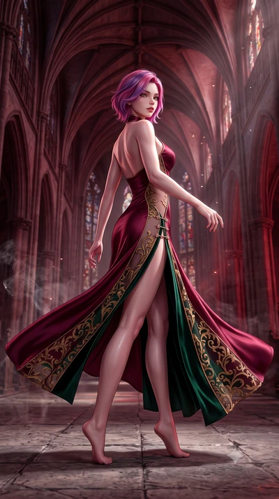 score_9, masterpiece, best quality, ultra-detailed, high-budget anime keyframe, semi-realistic 3D game render, editorial fashion photography, tasteful artistic composition, Caucasian woman. low angle full-body shot from head to toe showing her feet, 
