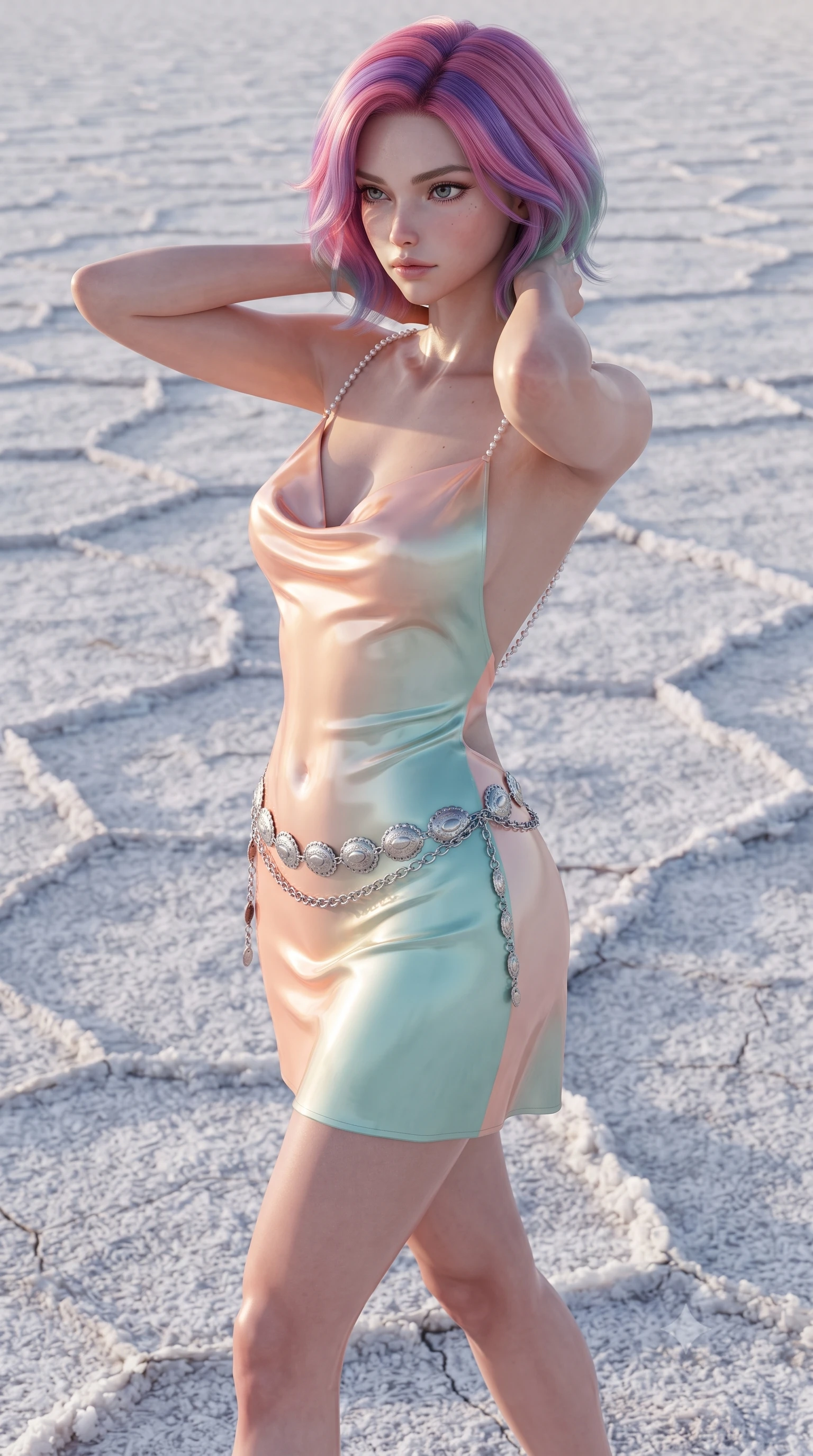 score_9, masterpiece, best quality, ultra-detailed, high-budget anime keyframe, editorial fashion photography, tasteful artistic composition, Caucasian woman. close-up cowboy shot from the waist and thighs up, the character dominates the composition, filling the frame with her large presence. resting both hands lightly behind her neck with elbows raised, arching her spine to highlight her narrow waist, flat midriff, and breathtaking collarbones while walking slowly across the geometric salt polygon crust, hips swaying in an alluring kinetic rhythm that commands the white expanse. The surrounding environment is rendered in vivid detail and crisp panoramic clarity: sharp raised salt ridge polygon edges, crystalline salt texture, and cracked dry earth seams in deep focus. She has an exceptionally elegant, slender, and willowy female figure with an ultra-slim waist, flat toned midriff, narrow ribcage, and sculpted feminine hips creating an alluring, slim hourglass silhouette without bulk. sharp v-shaped jawline, high-bridge nose, sparkling eyes with hypnotic seductive depth, thick curled eyelashes, glossy parted lips with a natural dewy peach sheen, alluring bedroom-eyes with an enchanting coquettish smile, exuding magnetic siren charisma and sophisticated glamour, flawlessly proportioned anatomical accuracy, strict slender model proportions, natural body alignment, perfectly sculpted long slender limbs, ultra-slim waistline, clean dynamic posture without body distortion. wearing a slinky backless cowl-neck silk satin beach slip mini dress with dainty pearl spaghetti straps in pastel peach blossom and Aegean seafoam green, crafted from wet-look high-gloss vinyl fabric with dazzling specular surface reflections, accented with an intricate silver concho waist chain resting loosely on her curvy hips, the precision-cut side openings and low-back scoop framing her graceful spine and the sensual sweep of her slim, toned hips. illuminated by ground salt reflection fill and sharp white-gold rim lights defining her delicate clavicles, narrow waist, and curvy hips. ultra-reflective glossy finish, specular highlights, rich textural contrasts, high-contrast stereoscopic depth, volumetric dynamic lighting, 2k, ultra detail, master piece, 9:16 ratio