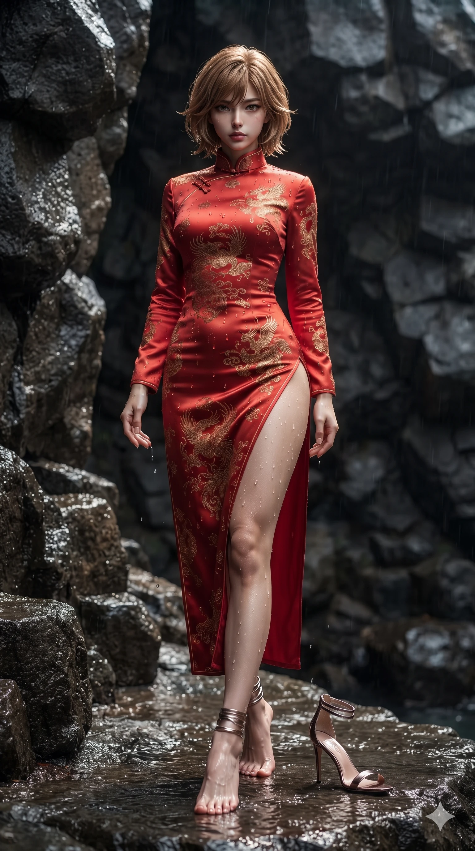 score_9, masterpiece, best quality, ultra-detailed, high-budget anime keyframe, editorial fashion photography, tasteful artistic composition, Korean woman. low angle full-body shot from head to toe showing her feet, filling the entire 9:16 vertical frame with her statuesque presence, stretching her vertical silhouette. stepping slowly toward the camera with hypnotic grace, hips swaying in an alluring sensual rhythm that accentuates her curvy hourglass silhouette and long slender legs while twisting her slender torso in an alluring contrapposto stance, warm water droplets and mineral glints sparkling across her flat midriff and hourglass curves. The surrounding environment is rendered in vivid detail and crisp panoramic clarity: sharp porous basalt textures, micro-water beads on skin and rock, and crisp stone fracture lines in deep focus. She has an exceptionally tall and slender model-like 8.5-heads proportion, an ultra-slim waist, a flat toned midriff, narrow delicate ribcage, and beautifully sculpted feminine hips creating a graceful, slim hourglass silhouette without any bulky heaviness, with impossibly long slender legs. sharp v-shaped jawline, high-bridge nose, intricate jewel-like sparkling eyes with depth, thick eyelashes, glossy parted lips with a natural sheen, intensely captivating and seductive bedroom-eyes expression, exuding both youthful cute charm and sovereign luxury allure, flawlessly proportioned anatomical accuracy, strict slender model proportions, natural body alignment, perfectly sculpted long slender limbs, ultra-slim waistline, clean dynamic posture without body distortion. wearing an aristocratic high-neck Mandarin collar long-sleeve silk cheongsam evening gown with embroidered dragon-and-phoenix crests in imperial vermilion silk and warm bronze, crafted from bespoke double-faced cashmere with an exceptionally soft tactile finish, complemented by strappy stiletto sandals with metallic ankle wraps accentuating her slender calves, the bespoke structured tailoring following the natural line of her 8.5-heads silhouette with refined elegance. illuminated by wet stone reflection bounce and sharp silver-amber rim lights sculpting her razor-sharp jawline, narrow waist, and curvy hips. ultra-reflective glossy finish, specular highlights, rich textural contrasts, high-contrast stereoscopic depth, volumetric dynamic lighting, 2k, ultra detail, master piece, 9:16 ratio