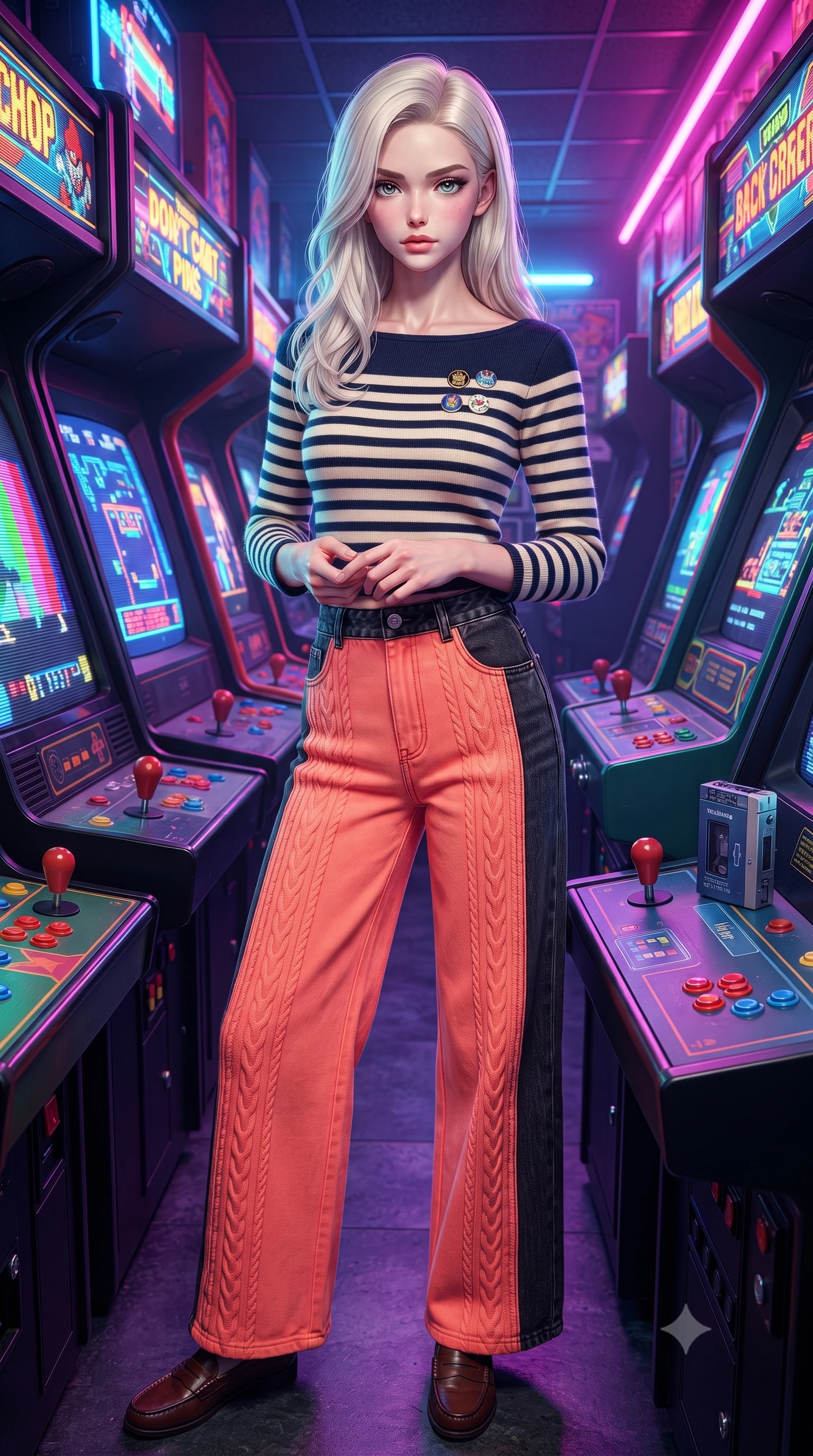score_9, masterpiece, best quality, ultra-detailed, high-budget anime keyframe, editorial fashion photography, tasteful artistic composition, Caucasian woman. close-up cowboy shot from the waist and thighs up, the character dominates the composition, filling the frame with her large presence. holding her hands loosely in front with regal, aristocratic poise, radiating an overwhelming high-society aura while pivoting dynamically between colorful arcade cabinets as 8-bit CRT screens flash vibrant pixel art across her stylish outfit. The surrounding environment is rendered in vivid detail and crisp panoramic clarity. sharp CRT monitor scanlines, coin-op joystick and button details, and retro Walkman metallic casing in deep focus. She has an exceptionally elegant, slender, and willowy female figure with an ultra-slim waist, a gracefully sculpted slender torso, toned flat midriff, and a refined slim silhouette. sharp v-shaped jawline, high-bridge nose, intricate jewel-like eyes with depth, thick eyelashes, glossy lips with a natural sheen, captivating and magnetic expression, flawlessly proportioned anatomical accuracy, strict slender model proportions, natural body alignment, perfectly sculpted long slender limbs, ultra-slim waistline, clean dynamic posture without body distortion. wearing a chic French-girl style boatneck Breton striped top paired with high-rise wide-leg sailor trousers in retro neon coral and washed black denim, knitted from soft cozy lambswool yarn with cable-knit textures, finished with retro enamel varsity pins and classic leather loafers, the precision-cut daring openings accentuating her delicate midriff, graceful bare collarbones, and ultra-slim feminine waistline. bathed in multicolored arcade screen glows and vibrant neon alleyway downlights. ultra-reflective glossy finish, specular highlights, rich textural contrasts, high-contrast stereoscopic depth, volumetric dynamic lighting, 2k, ultra detail, master piece, 9:16 ratio
