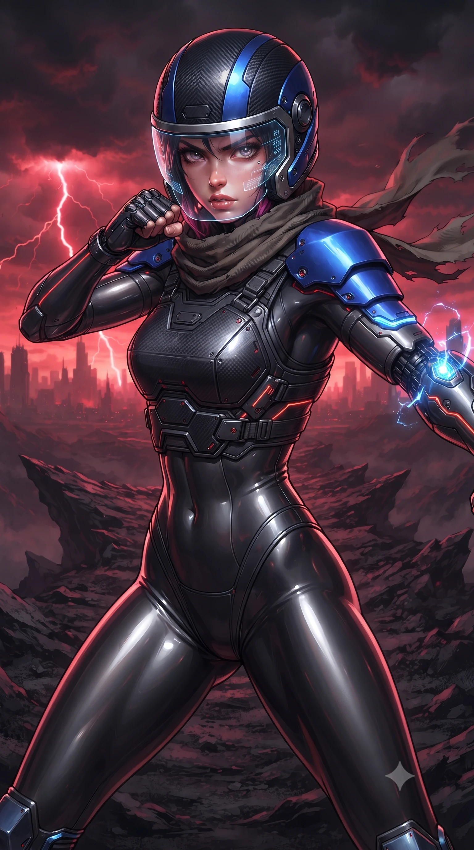score_9, masterpiece, best quality, ultra-detailed, high-budget anime keyframe, editorial fashion photography, tasteful artistic composition, Korean woman. close-up cowboy shot from the waist and thighs up, the character dominates the composition, filling the frame with her large presence. twisting her upper body in a dynamic S-curve martial arts stance, cybernetic elbow dampers glowing with blue energy as she aims a focused palm strike while standing tall on a jagged obsidian ridge with wind tearing at her tactical scarf, silhouette dominating the desolate horizon. The surrounding environment is rendered in vivid detail and crisp panoramic clarity. sharp carbon pauldron edge bevels, glowing red conduit lines, and textured ash ground in deep focus. She has an exceptionally elegant, slender, and willowy female figure with an ultra-slim waist, a gracefully sculpted slender torso, toned flat midriff, and a refined slim silhouette. sharp v-shaped jawline, high-bridge nose, intricate jewel-like eyes with depth, thick eyelashes, glossy lips with a natural sheen, fierce and resolute heroine expression, flawlessly proportioned anatomical accuracy, strict slender model proportions, natural body alignment, perfectly sculpted long slender limbs, ultra-slim waistline, clean dynamic posture without body distortion. wearing an open-face aerodynamic carbon-fiber combat helmet with a retracted transparent holographic HUD visor framing her sharp jawline and jewel-like eyes, paired with a heavy modular carbon-fiber combat cuirass paired with a second-skin tactical leotard and reinforced titanium shoulder pauldrons in electric cobalt blue carbon with brushed platinum tactical trim, made of liquid carbon-jersey fabric accentuating every curve of her tall, slender model proportions, finished with high-mobility flexible armor articulation seams and miniature magnetic locks, the liquid-tight tailored fabric emphasizing every curve of her tall, slender model proportions and sculptured silhouette during dynamic movement. bathed in eerie crimson lightning storm backlighting and ominous dark ash ambient fill. ultra-reflective glossy finish, specular highlights, dark metallic sheen, high-contrast stereoscopic depth, volumetric dynamic lighting, 2k, ultra detail, master piece, 9:16 ratio