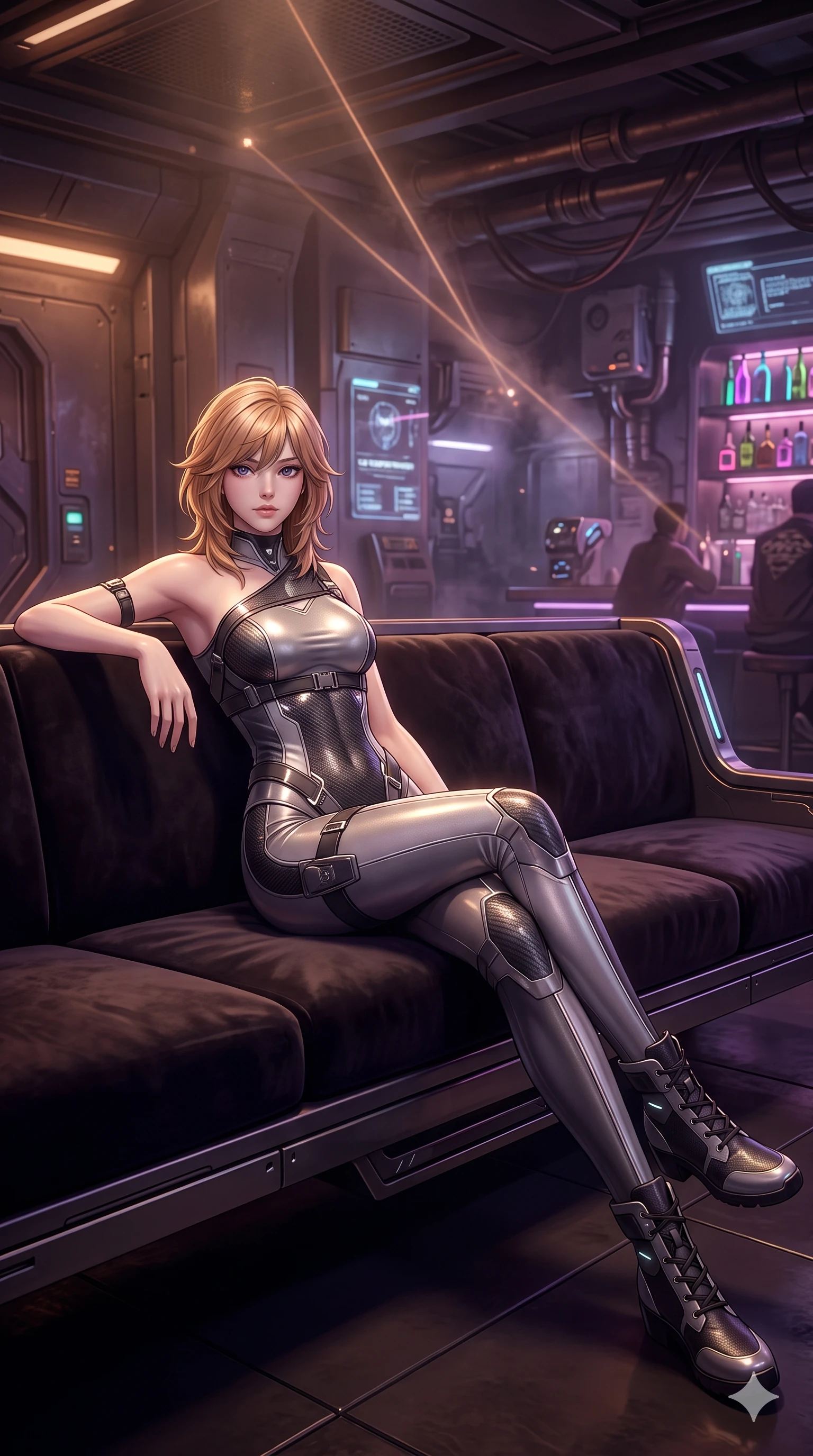 score_9, masterpiece, best quality, ultra-detailed, high-budget anime keyframe, semi-realistic 3D game render, editorial fashion photography, tasteful artistic composition, Korean woman. low angle full-body shot from head to toe showing her feet, filling the entire 9:16 vertical frame with her statuesque presence, stretching her vertical silhouette. reclining gracefully across the anti-gravity daybed with one leg extended, her sculpted silhouette and flat midriff radiating magnetic futuristic glamour while sitting gracefully on the velvet swivel bar seat with one knee bent, flashing an enchanting smile with parted glossy lips. The background shows a soft-focus hazy speakeasy atmosphere softened in underground cyber bar shallow focus. She has an absolutely perfect, statuesque 8.5-heads proportion, an exceptionally tall and slender model-like female figure with impossibly long slender legs, an ultra-slim waist, a flat toned midriff, narrow delicate ribcage, and beautifully sculpted feminine hips creating a graceful, slim hourglass silhouette without any bulky heaviness. sharp v-shaped jawline, high-bridge nose, intricate jewel-like sparkling eyes with depth, thick eyelashes, glossy parted lips with a natural sheen, bright confident smile with an enchanting and coquettish sensual glint, exuding both youthful magnetic charm and sovereign high-tech allure, flawlessly proportioned anatomical accuracy, strict slender model proportions, natural body alignment, perfectly sculpted long slender limbs, ultra-slim waistline, clean dynamic posture without body distortion. wearing an asymmetric one-shoulder combat catsuit with carbon-weave paneling and an open-waist architecture emphasizing her hips in metallic graphite and starlight platinum, crafted from sheer technical cyber-lace reinforced with ultra-thin Kevlar threads, accented with a chrome-drop body harness subtly framing her dewy collarbones and spine, the impeccably tailored cut draping gracefully along her slender figure with aristocratic poise. bathed in the warm, moody amber and soft purple under-counter mood lighting with crisp laser accent beams. highly saturated vibrant anime colors, detailed shading with soft gradients, rich glossy textures, high-contrast stereoscopic depth, volumetric dynamic lighting, master piece, 9:16 ratio