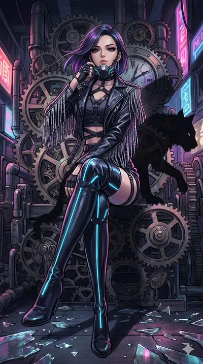 score_9, masterpiece, best quality, ultra-detailed, Set A: High-budget Anime Keyframe, Japanese woman. Low angle cowboy shot filling the entire 9:16 frame with her statuesque presence. Adjusting a mask through a throne of gears, while her shadow mimi