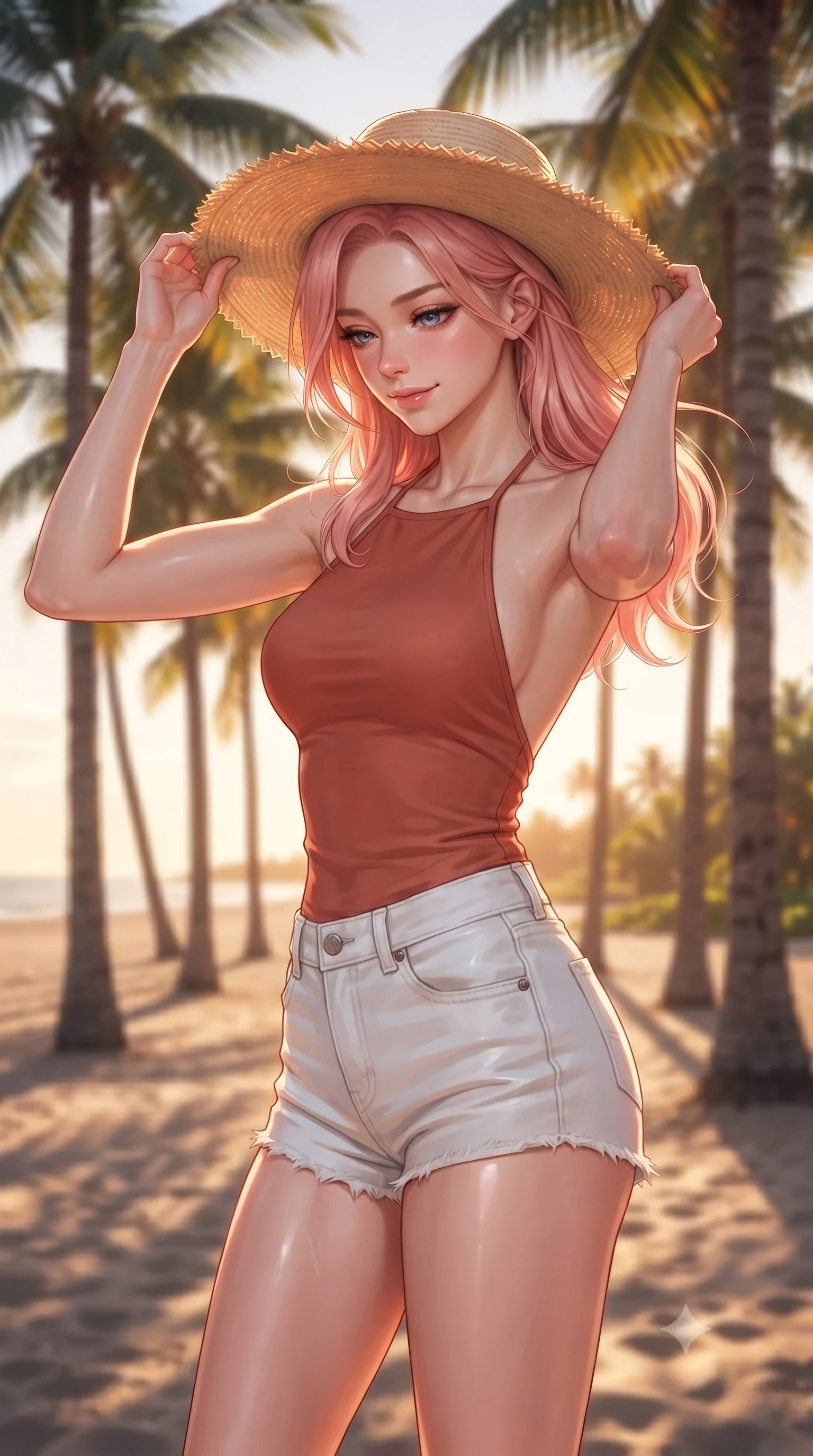 score_9, masterpiece, best quality, ultra-detailed, high-budget anime keyframe, editorial fashion photography, tasteful artistic composition, Japanese woman woman. close-up cowboy shot from the waist and thighs up, the character dominates the composition, filling the frame with her large presence, background elements kept in soft focus. holding a wide-brimmed straw hat with both hands against the breeze, looking down with a soft smile the background shows a soft-focus a grove of tall palm trees near the beach, their shadows drawing patterns on the sand. She has an exceptionally elegant, slender, and willowy female figure with an ultra-slim waist, a gracefully sculpted slender torso, and a refined silhouette. sharp v-shaped jawline, high-bridge nose, intricate jewel-like eyes with depth, thick eyelashes, glossy lips with a natural sheen. wearing a slim-fit backless halter top in terracotta red, paired with white denim micro-shorts. warm late afternoon sunrays casting long palm leaf shadows. ultra-reflective glossy finish, specular highlights, metallic sheen, high-contrast stereoscopic depth, volumetric dynamic lighting, 2k, ultra detail, master piece, 9:16 ratio