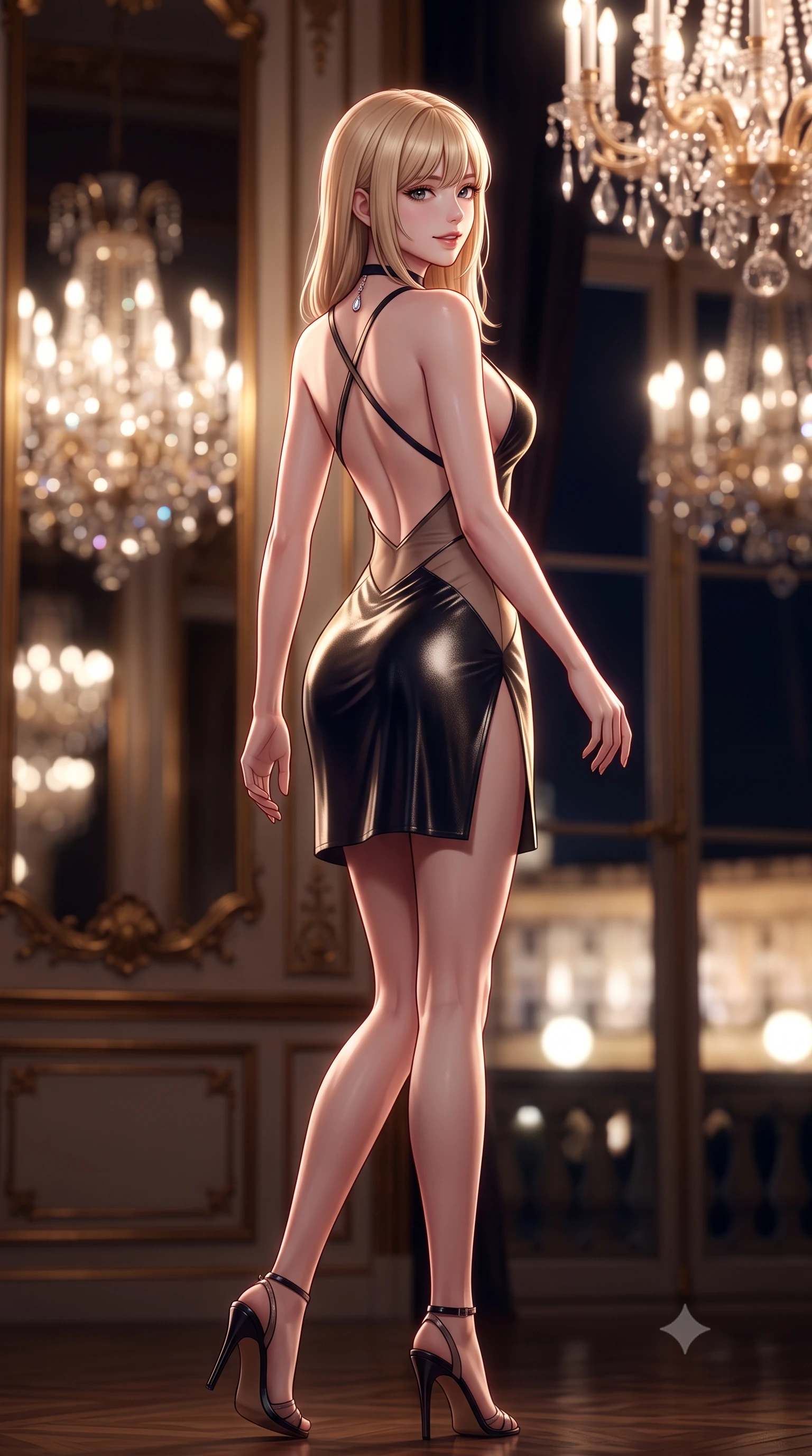 score_9, masterpiece, best quality, ultra-detailed, high-budget anime keyframe, semi-realistic 3D game render, editorial fashion photography, tasteful artistic composition, Japanese woman. low angle full-body shot from head to toe showing her feet, filling the entire 9:16 vertical frame with her statuesque presence, stretching her vertical silhouette. stepping slowly toward the camera with hypnotic grace, hips swaying in an alluring sensual rhythm that accentuates her curvy hourglass silhouette and long slender legs while posing in an alluring rear three-quarter angle with hips cocked back, glancing over her shoulder with an enchanting, parted-lip smile. The background shows a soft-focus infinite crystal chandelier reflections in tall French mirrors, gold-leaf rococo boiserie panels, and Heldenplatz square at night blurred into champagne, ivory, and gold bokeh. She has an exceptionally tall and slender model-like 8.5-heads proportion, an ultra-slim waist, a flat toned midriff, narrow delicate ribcage, and beautifully sculpted feminine hips creating a graceful, slim hourglass silhouette without any bulky heaviness, with impossibly long slender legs. sharp v-shaped jawline, high-bridge nose, intricate jewel-like sparkling eyes with depth, thick eyelashes, glossy parted lips with a natural peach sheen, bright cheerful beaming smile with an enchanting and coquettish sensual glint, exuding both youthful cute charm and seductive allure, flawlessly proportioned anatomical accuracy, strict slender model proportions, natural body alignment, perfectly sculpted long slender limbs, ultra-slim waistline, clean dynamic posture without body distortion. wearing a backless liquid lamé mini dress with criss-cross spinal straps and daring side slit in deep midnight obsidian black and champagne gold, featuring strategic sheer-illusion tulle side panels framing her ribcage and hips, finished with a thin velvet ribbon choker and a single teardrop diamond pendant, the liquid-tight tailored fabric clinging flawlessly to her narrow waist and rounded feminine hips, emphasizing every millimeter of her sculpted slim hourglass curves without any bulky heaviness. illuminated by mirror specular reflections and sharp rose-gold rim lights sculpting her features, flat midriff, and slender waist. highly saturated vibrant anime colors, detailed shading with soft gradients, rich glossy textures, high-contrast stereoscopic depth, volumetric dynamic lighting, master piece, 9:16 ratio