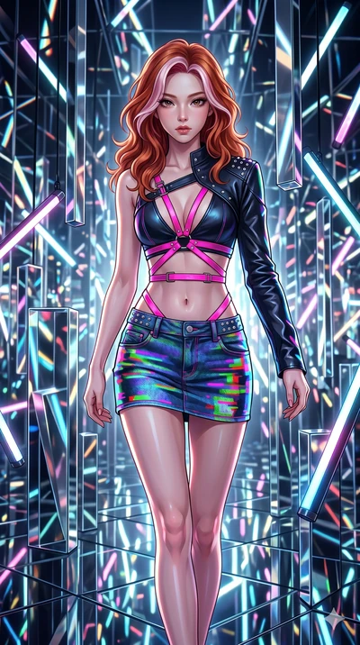 score_9, masterpiece, best quality, ultra-detailed, high-budget anime keyframe, Korean woman. upper body close-up from the thighs up, character filling the screen for maximum presence. navigating a kinetic light-sculpture mirror maze, passing between