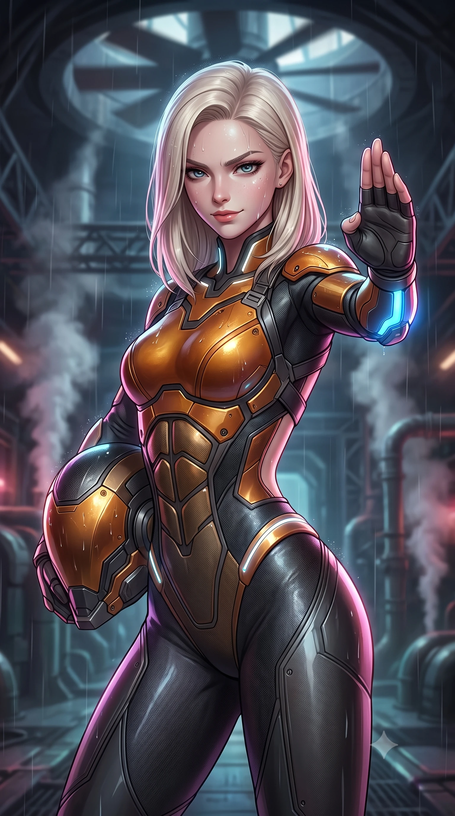 score_9, masterpiece, best quality, ultra-detailed, high-budget anime keyframe, semi-realistic 3D game render, editorial fashion photography, tasteful artistic composition, Caucasian woman. close-up cowboy shot from the waist and thighs up, the character dominates the composition, filling the frame with her large presence. twisting her upper body in a dynamic S-curve martial arts stance, cybernetic elbow dampers glowing with blue energy as she aims a focused palm strike while resting one hand on her hip with a haughty, captivating battle smirk as giant exhaust turbines turn slowly overhead. The composition keeps background elements in soft focus with creamy bokeh. cavernous subterranean ceiling trusses and rising steam pipes softened in moody shallow depth of field. She has an exceptionally elegant, slender, and willowy female figure with an ultra-slim waist, a gracefully sculpted slender torso, toned flat midriff, and a refined slim silhouette. sharp v-shaped jawline, high-bridge nose, intricate jewel-like eyes with depth, thick eyelashes, glossy lips with a natural sheen, fierce and resolute heroine expression, flawlessly proportioned anatomical accuracy, strict slender model proportions, natural body alignment, perfectly sculpted long slender limbs, ultra-slim waistline, clean dynamic posture without body distortion. holding a modular carbon battle-helmet under one arm, her flawless face and sculpted neck exposed to the rain with determined warrior focus, paired with a tailored tactical combat jumpsuit with an open-back harness design, reinforced composite breastplate, and high-mobility elbow dampers in molten amber-gold carbon cuirass with dark gunmetal weave, made of lightweight aerodynamic carbon-titanium alloy with precision-beveled armor seams, accented with glowing fiber-optic telemetry conduits tracing her collarbones and hip curves, the sleek second-skin cut tightly hugging her graceful clavicle, narrow waist, and feminine curves with athletic precision. illuminated by crisp specular highlights tracing her sculpted flat midriff, bare spine, and slender limbs. rich saturated anime colors with glowing neon highlights, detailed shading with soft gradients, rich glossy textures, high-contrast stereoscopic depth, volumetric dynamic lighting, master piece, 9:16 ratio