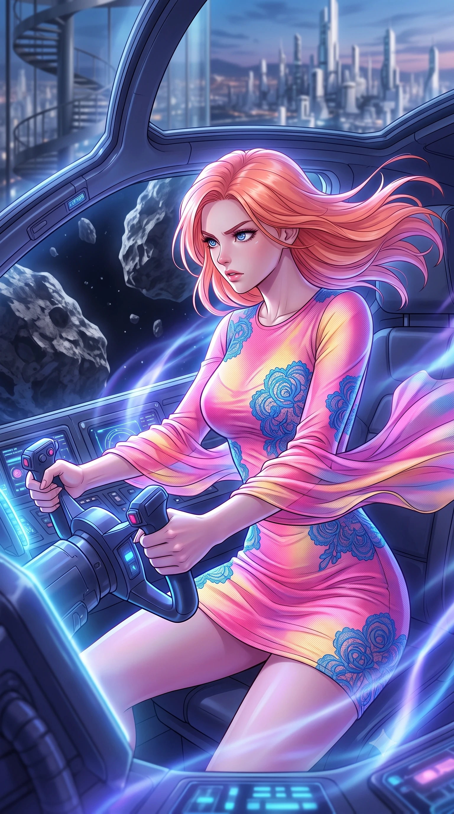 score_9, masterpiece, best quality, ultra-detailed, high-budget anime keyframe, editorial fashion photography, tasteful artistic composition, Japanese woman. close-up cowboy shot from the waist and thighs up, the character dominates the composition, filling the frame with her large presence, background elements kept in soft focus. Piloting a starfighter through a tight asteroid gap, hands tight on the flight yoke, looking sharply left. set against a soft-focus background of a spiral staircase inside a glass tower, looking out at a highly advanced white-towered metropolis. She has an exceptionally elegant and slender, willowy female figure with an ultra-slim waist, a gracefully sculpted slender torso, and a refined slim physique. sharp v-shaped jawline, high-bridge nose, intricate jewel-like eyes with depth, thick eyelashes, glossy lips with a natural sheen. wearing the lightweight fabric rippling and billowing dramatically with her movement, a body-hugging barely-there mesh bodycon dress in a pink and yellow gradient, with strategically placed blue lace rosettes. highly saturated vibrant anime colors, intense vivid color palette, soft 3D volumetric shading, volumetric dynamic lighting, cool ethereal blue-violet bioluminescent glow wrapping around her from all sides. 2k, ultra detail, master piece, 9:16 ratio