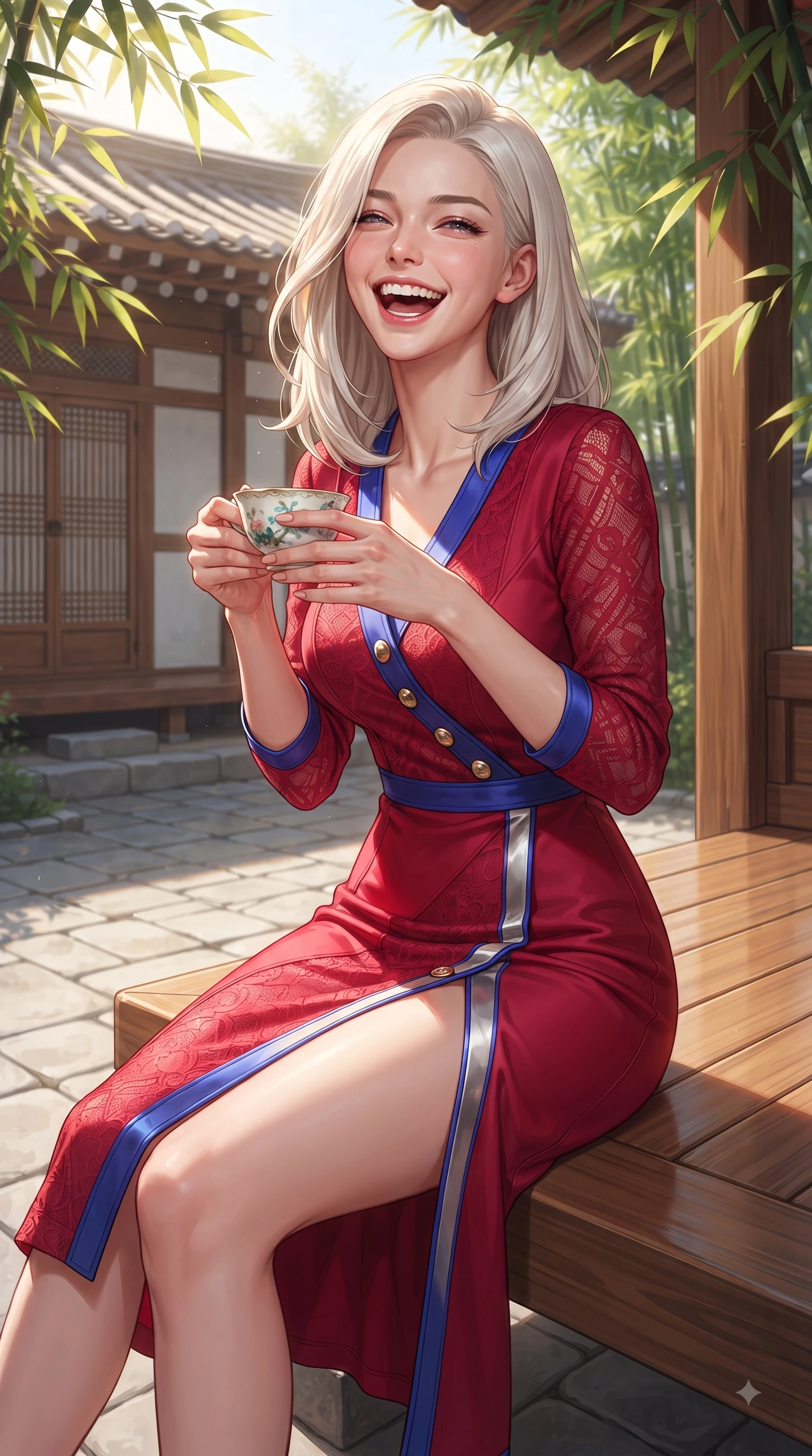 score_9, masterpiece, best quality, ultra-detailed, high-budget anime keyframe, editorial fashion photography, tasteful artistic composition, Caucasian woman. close-up cowboy shot from the waist and thighs up, the character dominates the composition, filling the frame with her large presence. Ecstatic joyful laughter with eyes crinkling in pure delight and vibrant energy filling her dynamic posture while sitting on a polished wooden Hanok veranda holding a delicate porcelain tea cup. The surrounding environment is rendered in vivid detail and crisp panoramic clarity. polished wooden veranda grain, stone courtyard paving, and sunlit bamboo leaves in deep focus. She has an exceptionally elegant, slender, and willowy female figure with an ultra-slim waist, a gracefully sculpted slender torso, and a refined silhouette. sharp v-shaped jawline, high-bridge nose, intricate jewel-like eyes with depth, thick eyelashes, glossy lips with a natural sheen, flawlessly proportioned anatomical accuracy, natural body alignment, perfectly sculpted elegant limbs, clean dynamic posture without body distortion. wearing a sleek ruby red wrap midi dress featuring a tasteful side leg slit in electric cobalt blue and polished silver accent, made of fine lace weave and soft satin jersey, finished with gold metallic hardware buttons along the front, the sleek second-skin fit accentuating her magnetic presence. bathed in bright morning sunbeams filtering through lush bamboo canopies. ultra-reflective glossy finish, specular highlights, metallic sheen, high-contrast stereoscopic depth, volumetric dynamic lighting, 2k, ultra detail, master piece, 9:16 ratio