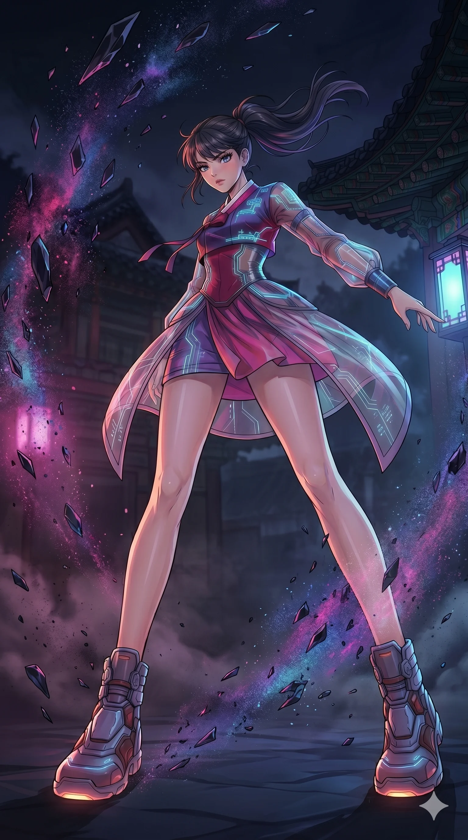 score_9, masterpiece, best quality, ultra-detailed, high-budget anime movie keyframe, cinematic anime lighting, intricate line art, Japanese woman. Dynamic full-body shot stretching the vertical silhouette with extreme perspective. spinning in a rain of obsidian shards that turn into dust. She has an absolutely perfect 8-heads proportion, an exceptionally tall and slender female figure with an ultra-slim waist and impossibly long slender legs. strictly human anatomy, two legs only, no extra limbs, clearly defined legs and arms, perfect anatomy, perfect hands and fingers. sharp v-shaped jawline, high-bridge nose, intricate jewel-like eyes, thick eyelashes, glossy lips. Wearing Modern Traditional: Shortened cyber-hanbok with fusion silk robes and transparent panels. The scene is illuminated by dramatic atmospheric lighting and vibrant color palettes. , 2k, ultra detail, master piece, 9:16 ratio