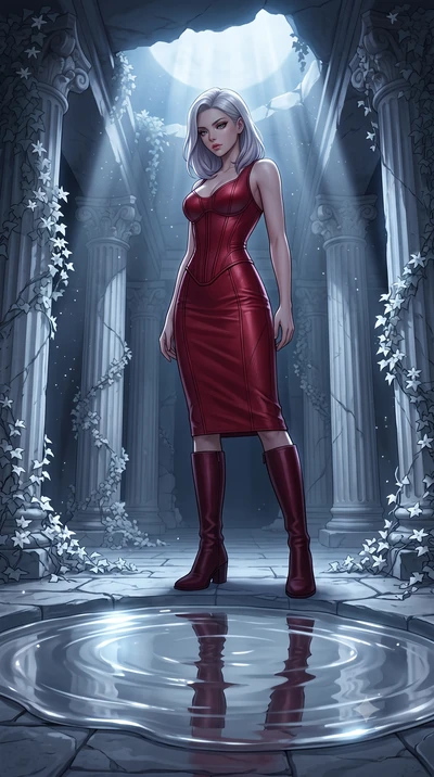 score_9, masterpiece, best quality, ultra-detailed, High-budget Anime Keyframe, Caucasian woman, strictly human ears. Low angle cowboy shot filling the entire 9:16 frame with her statuesque presence. Scenario 427: gazing at her reflection in a pool o