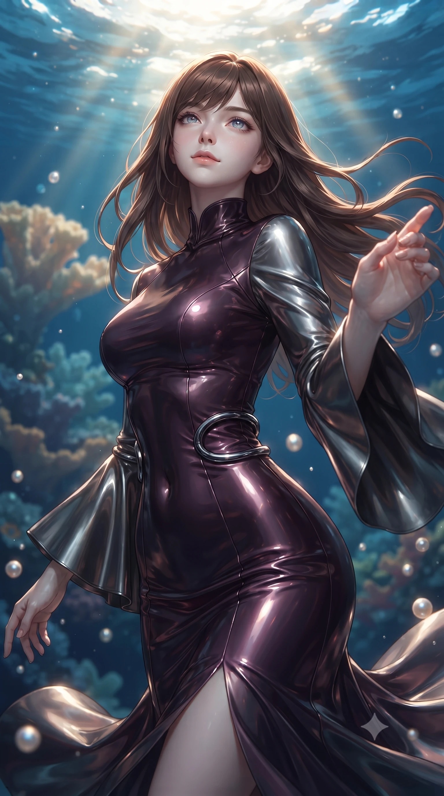 score_9, masterpiece, best quality, ultra-detailed, high-budget anime keyframe, editorial fashion photography, tasteful artistic composition, Korean woman. close-up cowboy shot from the waist and thighs up, the character dominates the composition, filling the frame with her large presence, background elements kept in soft focus. Reaching one hand toward the viewer with relaxed sensual elegance, looking up at the sunlit water surface with a calm, serene expression, breathtaking luxury underwater aesthetic with divine allure. She has an exceptionally elegant, slender, and willowy female figure with an ultra-slim waist, a gracefully sculpted slender torso, and a refined silhouette. sharp v-shaped jawline, high-bridge nose, intricate jewel-like eyes with depth, thick eyelashes, glossy lips with a natural sheen. wearing gothic high-collar dark plum silk evening gown with bell sleeves in metallic dark silver, made of high-gloss liquid vinyl, accented with sculpted obsidian chrome rings at the waist, accentuating her gracefully sculpted slender torso. surrounded by an ethereal underwater aura with bright pearl rim lights. ultra-reflective glossy finish, specular highlights, metallic sheen, high-contrast stereoscopic depth, volumetric dynamic lighting, 2k, ultra detail, master piece, 9:16 ratio