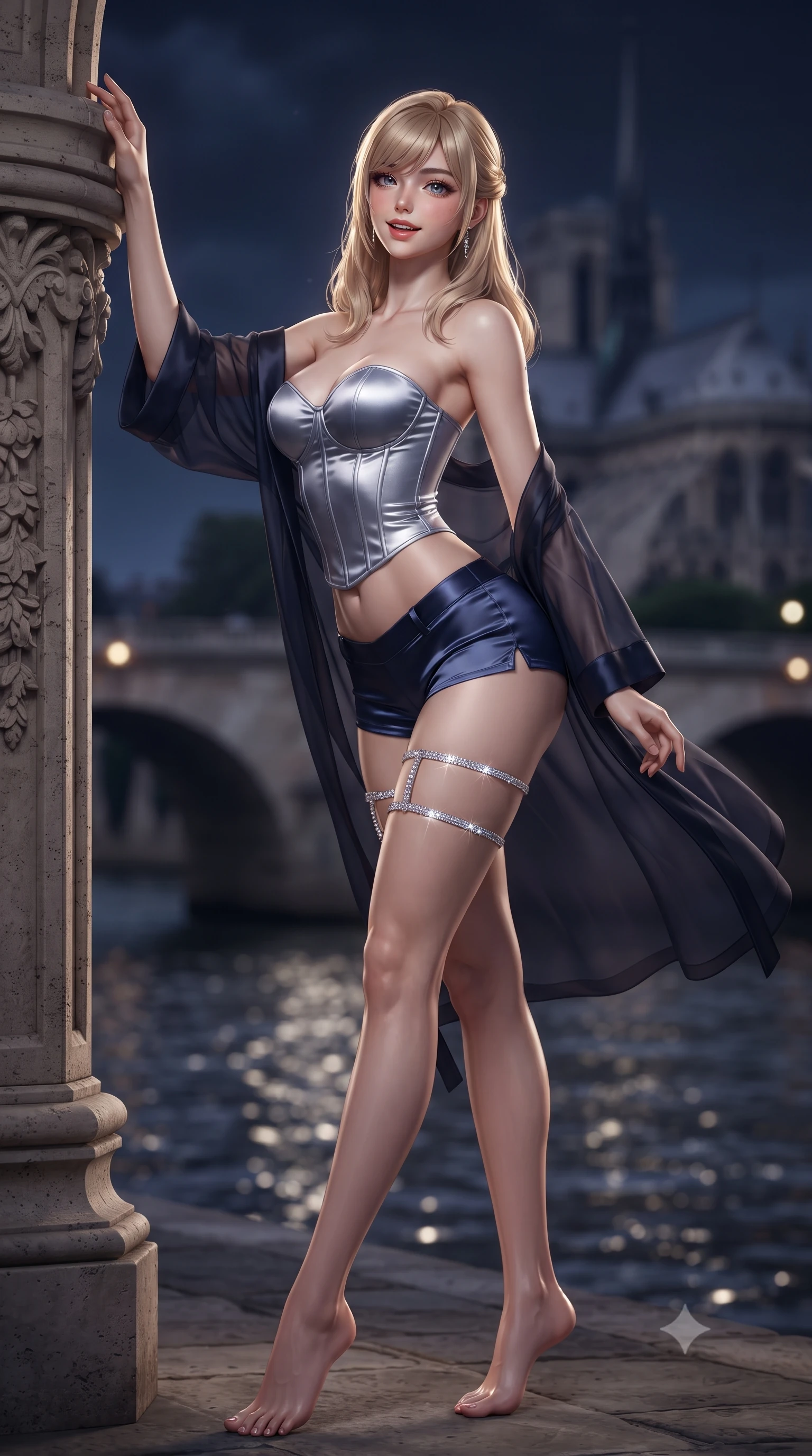 score_9, masterpiece, best quality, ultra-detailed, high-budget anime keyframe, editorial fashion photography, tasteful artistic composition, Caucasian woman. low angle full-body shot from head to toe showing her feet, filling the entire 9:16 vertical frame with her statuesque presence, stretching her vertical silhouette. standing tall beside the architectural column, one hand resting high while arching her lower back to emphasize her sculpted feminine hips and slender waist while twisting her slender torso in an alluring contrapposto stance, autumn midnight breezes fluttering her sheer silk robe around her curvy hips. The background shows a soft-focus the dark glittering waters of the Seine, ancient stone bridge arches, and Notre-Dame cathedral spires blurred into deep indigo, silver, and gold bokeh. She has an absolutely perfect, statuesque 8.5-heads proportion, an exceptionally tall and slender model-like female figure with impossibly long slender legs, an ultra-slim waist, a flat toned midriff, narrow delicate ribcage, and beautifully sculpted feminine hips creating a graceful, slim hourglass silhouette without any bulky heaviness. sharp v-shaped jawline, high-bridge nose, sparkling eyes with hypnotic seductive depth, thick curled eyelashes, glossy parted lips with a natural dewy peach sheen, alluring bedroom-eyes with an enchanting coquettish smile, exuding magnetic siren charisma and sophisticated glamour, flawlessly proportioned anatomical accuracy, strict slender model proportions, natural body alignment, perfectly sculpted long slender limbs, ultra-slim waistline, clean dynamic posture without body distortion. wearing a strapless boned satin corset bodice paired with low-waisted tailored satin hot-pants in molten liquid silver and deep sapphire navy, crafted from fluid liquid silk satin that clings smoothly to every curve with a dewy sheen, finished with delicate crystal-encrusted thigh garter straps glinting in the dim light, the liquid-tight tailored fabric clinging flawlessly to her narrow waist and rounded feminine hips, emphasizing every millimeter of her sculpted slim hourglass curves without any bulky heaviness. illuminated by Seine water specular bounce and sharp platinum rim lights sculpting her jawline, flat midriff, and voluptuous hip curves. ultra-reflective glossy finish, specular highlights, rich textural contrasts, high-contrast stereoscopic depth, volumetric dynamic lighting, 2k, ultra detail, master piece, 9:16 ratio