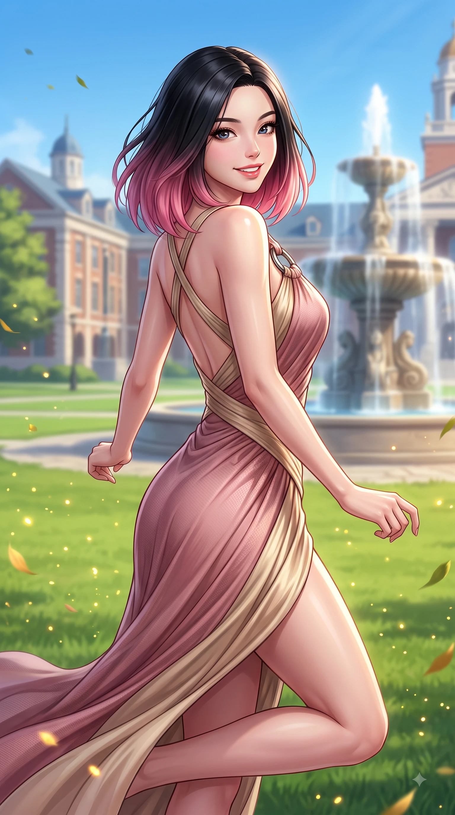 score_9, masterpiece, best quality, ultra-detailed, high-budget anime keyframe, editorial fashion photography, tasteful artistic composition, Korean woman. close-up cowboy shot from the waist and thighs up, the character dominates the composition, filling the frame with her large presence, background elements kept in soft focus. Youthful bright smile exuding pure cute charm and fresh energy, her torso turning dynamically into the lens while leaping playfully with pure youthful energy near a grand campus fountain under a clear blue sky, lush green quad lawn scattered with golden sunlight motes and fluttering leaves. She has an exceptionally elegant, slender, and willowy female figure with an ultra-slim waist, a gracefully sculpted slender torso, and a refined silhouette. sharp v-shaped jawline, high-bridge nose, intricate jewel-like eyes with depth, thick eyelashes, glossy lips with a natural sheen, flawlessly proportioned anatomical accuracy, natural body alignment, perfectly sculpted elegant limbs, clean dynamic posture without body distortion. wearing an asymmetrical Grecian draped chiffon gown with a metallic shoulder ring in dusty rose and champagne gold, made of fine carbon-fiber weave and soft matte leather, complemented by criss-cross back straps highlighting her bare shoulders, the form-contouring material highlighting her ultra-slim waist and long lines. surrounded by an uplifting, youthful university campus ambiance. highly saturated vibrant anime colors, detailed shading with soft gradients, rich glossy textures, high-contrast stereoscopic depth, volumetric dynamic lighting, master piece, 9:16 ratio