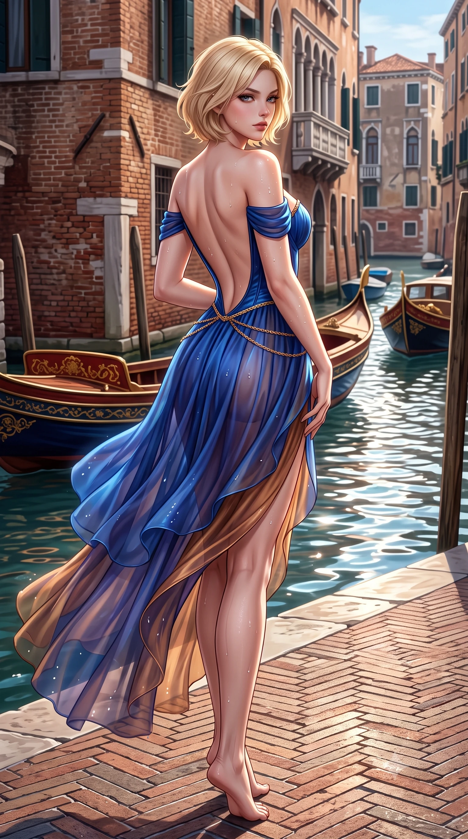 score_9, masterpiece, best quality, ultra-detailed, high-budget anime keyframe, semi-realistic 3D game render, editorial fashion photography, tasteful artistic composition, Caucasian woman. low angle full-body shot from head to toe showing her feet, filling the entire 9:16 vertical frame with her statuesque presence, stretching her vertical silhouette. posing with back turned slightly to the lens, glancing back with smoldering allure as she arches her lower back to emphasize her sculpted feminine hips and slender waist while turning in an alluring contrapposto stance along the historic brick waterfront, her high-slit dress fluttering as passing electric watercraft stir luminous ripples. The surrounding environment is rendered in vivid detail and crisp panoramic clarity. detailed silk and vinyl dress movement, water droplet beads on skin, and Venice biome architecture in high resolution. She has an exceptionally tall and slender model-like 8.5-heads proportion, an ultra-slim waist, a flat toned midriff, narrow delicate ribcage, and beautifully sculpted feminine hips creating a graceful, slim hourglass silhouette without any bulky heaviness, with impossibly long slender legs. sharp v-shaped jawline, high-bridge nose, intricate jewel-like eyes with depth, thick eyelashes, glossy parted lips with a natural sheen, intensely captivating and seductive bedroom-eyes expression, flawlessly proportioned anatomical accuracy, strict slender model proportions, natural body alignment, perfectly sculpted long slender limbs, ultra-slim waistline, clean dynamic posture without body distortion. wearing an off-shoulder French court corset bodice dress paired with a tiered translucent chiffon slit skirt in royal sapphire blue and liquid bronze, woven from layered gossamer chiffon with a weightless sweeping drape, accented with a delicate gold chain belt resting loosely on her curvy hips, the dramatically scooped open back descending to the base of her spine, accentuating her razor-sharp statuesque lines and slim hourglass silhouette. illuminated by shimmering water surface specular reflections accentuating her sculpted midriff, narrow waist, and curvy hips. highly saturated vibrant anime colors, detailed shading with soft gradients, rich glossy textures, high-contrast stereoscopic depth, volumetric dynamic lighting, master piece, 9:16 ratio