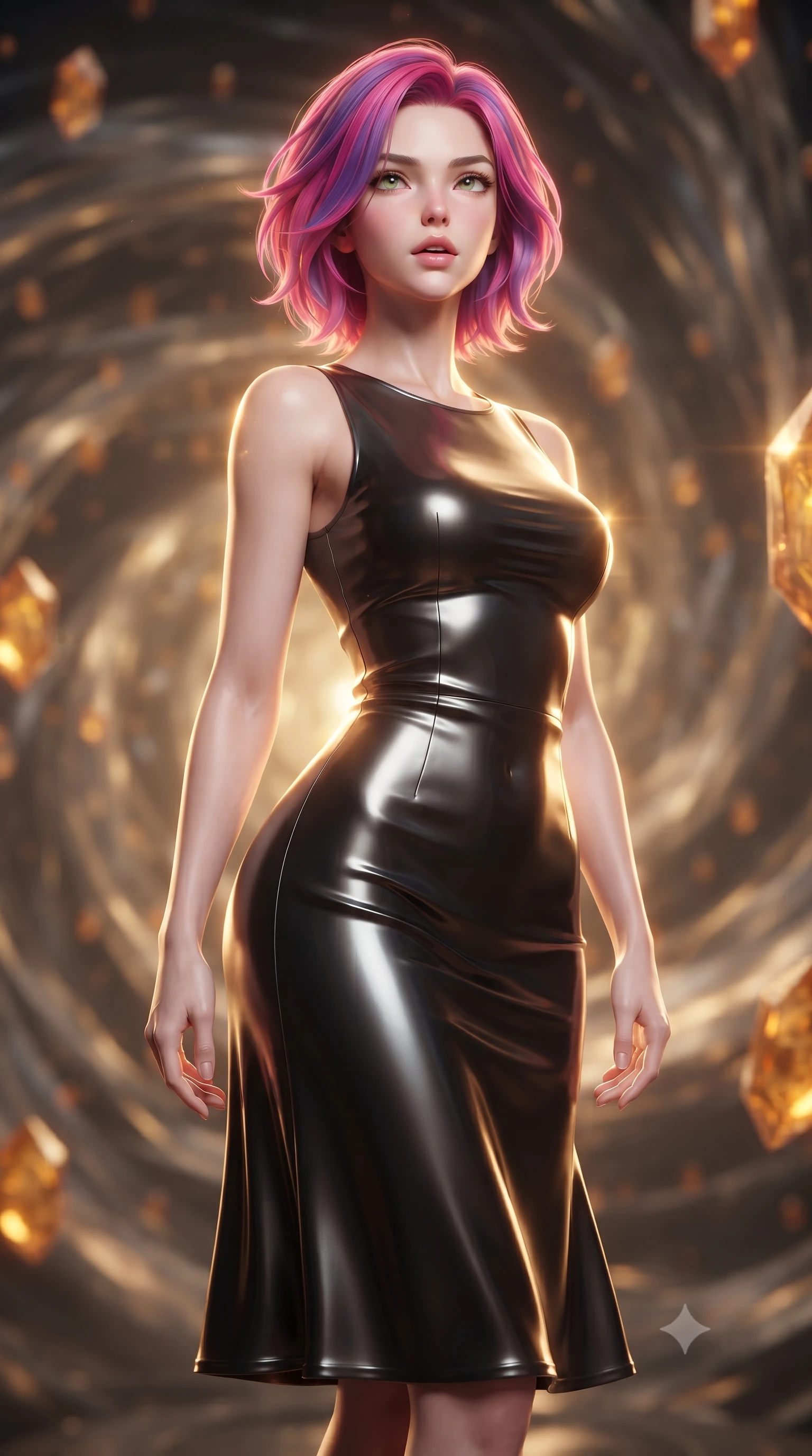 score_9, masterpiece, best quality, ultra-detailed, high-budget anime keyframe, editorial fashion photography, tasteful artistic composition, Caucasian woman woman. close-up cowboy shot from the waist and thighs up, the character dominates the composition, filling the frame with her large presence, background elements kept in soft focus. She has an exceptionally elegant, slender, and willowy female figure with an ultra-slim waist, a gracefully sculpted slender torso, and a refined silhouette. tilting her chin up slightly with lips parted in a composed and alluring expression, flawlessly proportioned anatomical accuracy, natural body alignment, perfectly sculpted elegant limbs, clean dynamic posture without body distortion. set against a soft-focus background of a temporal corridor with floating amber time crystals. wearing a sleek obsidian liquid silk midi dress with a tight tailored waistline. bathed in golden temporal energy flares casting dramatic volumetric rim lighting. ultra-reflective glossy finish, specular highlights, metallic sheen, high-contrast stereoscopic depth, volumetric dynamic lighting, 2k, ultra detail, master piece, 9:16 ratio