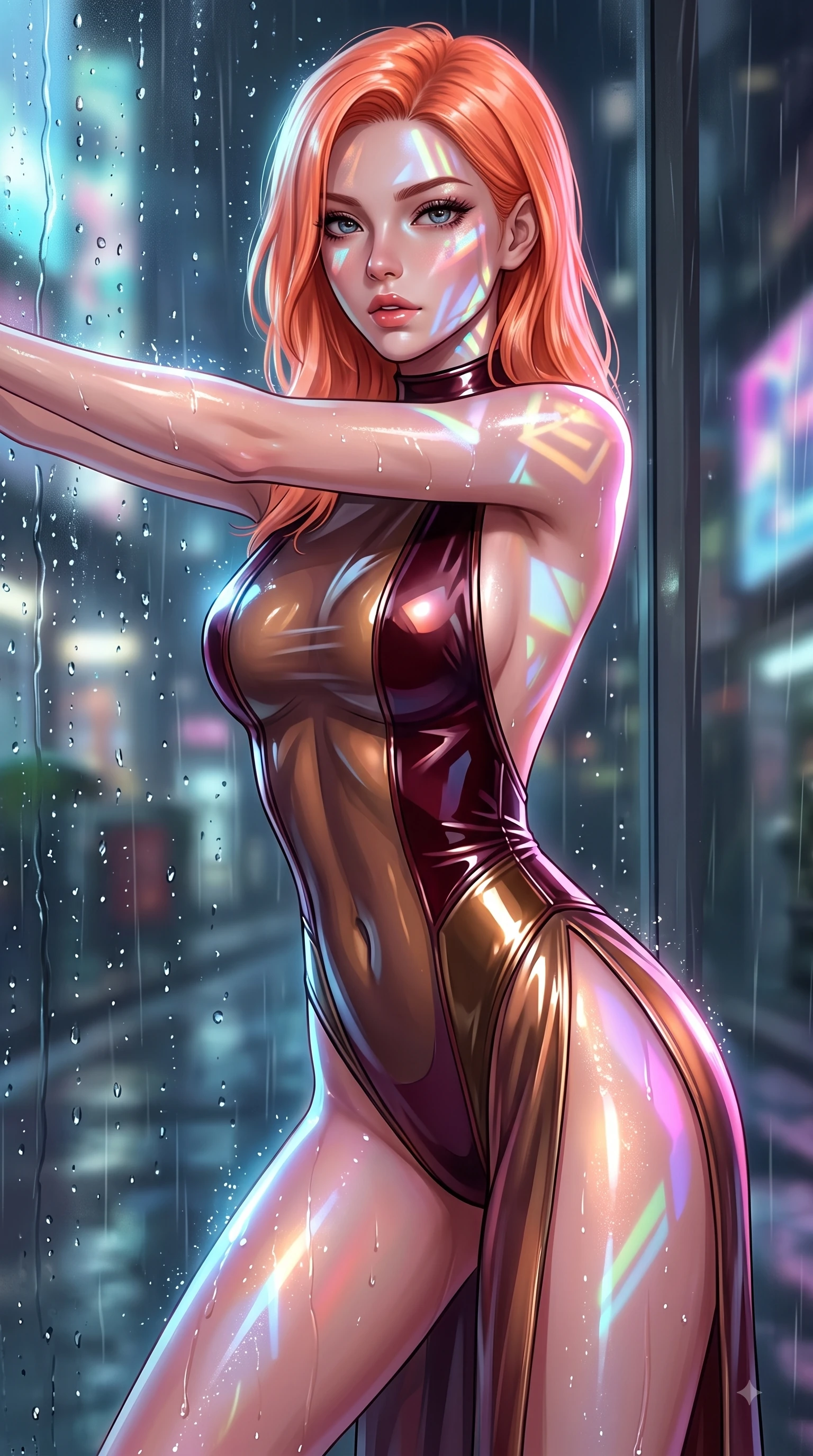 score_9, masterpiece, best quality, ultra-detailed, high-budget anime keyframe, editorial fashion photography, tasteful artistic composition, Japanese woman. close-up cowboy shot from the waist and thighs up, the character dominates the composition, filling the frame with her large presence, background elements kept in soft focus. Leaning forward gracefully with lips parted, casting a smoldering magnetic gaze directly into the lens while leaning against a wet glass window as rain droplets catch intense specular highlights, holographic advertisements casting dynamic geometric light patterns on her form. She has an exceptionally elegant, slender, and willowy female figure with an ultra-slim waist, a gracefully sculpted slender torso, and a refined silhouette. sharp v-shaped jawline, high-bridge nose, intricate jewel-like eyes with depth, thick eyelashes, glossy lips with a natural sheen, flawlessly proportioned anatomical accuracy, natural body alignment, perfectly sculpted elegant limbs, clean dynamic posture without body distortion. wearing a high-cut translucent vinyl leotard with front paneling and open back in deep burgundy and bronze, tailored from high-gloss patent leather, finished with a sleek side slit ascending to mid-thigh, the glove-like fit emphasizing her statuesque silhouette during motion. drenched in wet neon reflections with brilliant specular highlights on her silhouette. ultra-reflective glossy finish, specular highlights, metallic sheen, high-contrast stereoscopic depth, volumetric dynamic lighting, 2k, ultra detail, master piece, 9:16 ratio