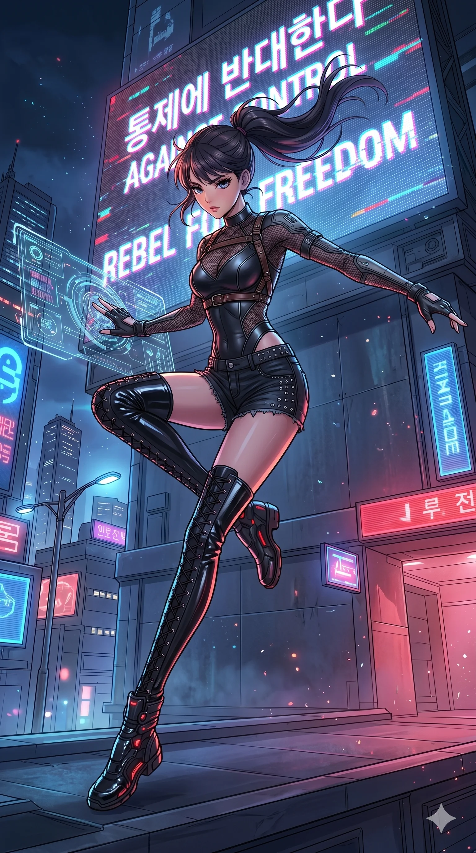 score_9, masterpiece, best quality, ultra-detailed, high-budget anime movie keyframe, cinematic anime lighting, intricate line art, Japanese woman. Low angle cowboy shot capturing a powerful motion and statuesque presence. hacking a giant billboard to display a message of rebellion. She has an absolutely perfect 8-heads proportion, an exceptionally tall and slender female figure with graceful and slender proportions. strictly human anatomy, two legs only, no extra limbs, clearly defined legs and arms, perfect anatomy, perfect hands and fingers. sharp v-shaped jawline, high-bridge nose, intricate jewel-like eyes, thick eyelashes, glossy lips. Wearing Dynamic performance outfit: Leather harness over mesh, sleek bodysuit, studded stylish shorts, and thigh-high patent boots. The scene is illuminated by dramatic atmospheric lighting and vibrant color palettes. , 2k, ultra detail, master piece, 9:16 ratio