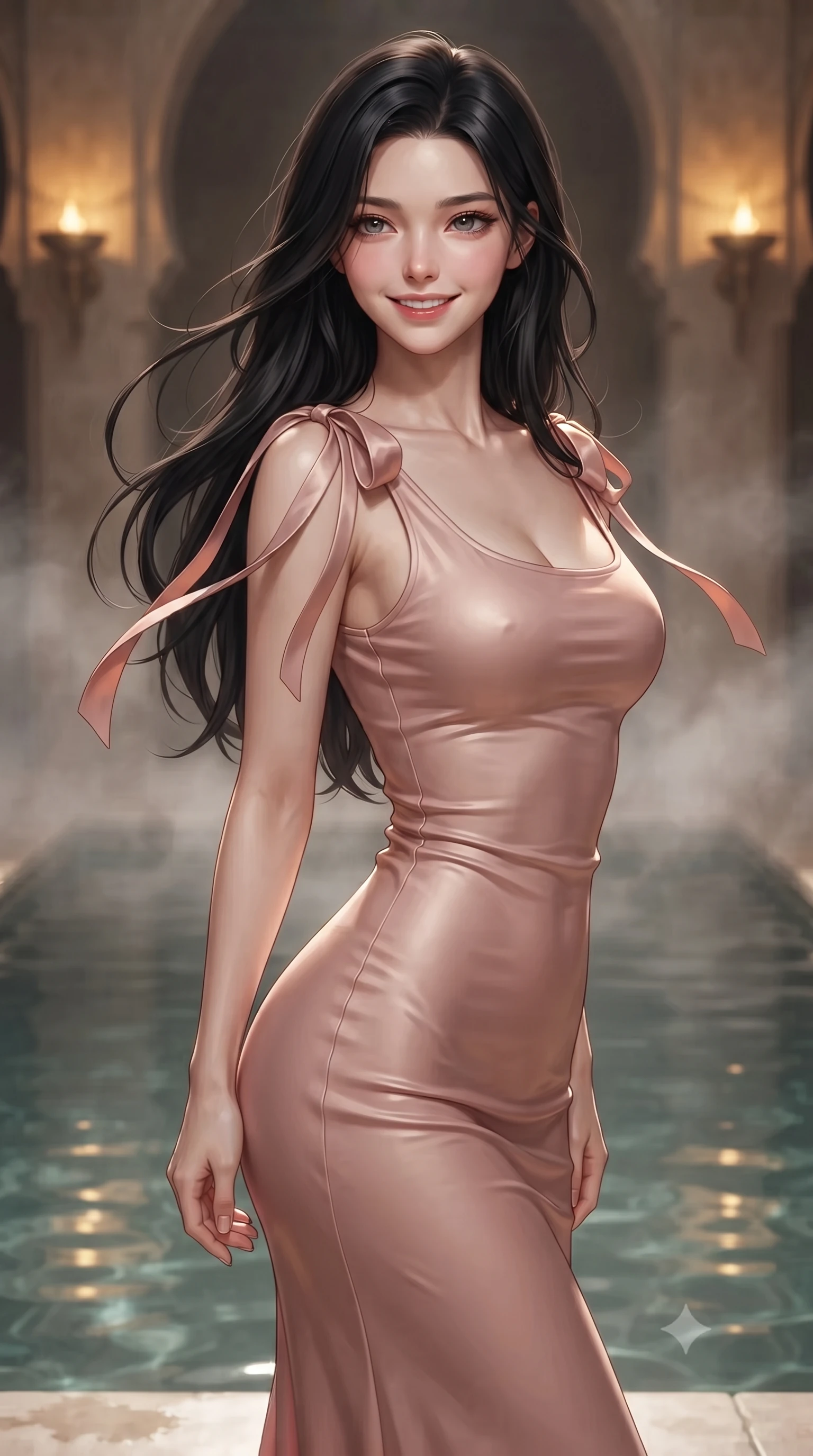 score_9, masterpiece, best quality, ultra-detailed, high-budget anime keyframe, editorial fashion photography, tasteful artistic composition, Korean woman. close-up cowboy shot from the waist and thighs up, the character dominates the composition, filling the frame with her large presence. turning slowly with an enchanting smoldering smile, her glossy hair tossing in the breeze as her hips angle gracefully in a captivating contrapposto while twisting her slender torso in an alluring S-curve beside the reflective water pool, amber vault sconces illuminating her flat midriff and hourglass curves. The background shows a soft-focus gentle mineral water vapor softened in royal Andalusian palace cistern shallow focus. She has an exceptionally elegant, slender, and willowy female figure with an ultra-slim waist, flat toned midriff, narrow ribcage, and sculpted feminine hips creating an alluring, slim hourglass silhouette without bulk. sharp v-shaped jawline, high-bridge nose, intricate jewel-like sparkling eyes with depth, thick eyelashes, glossy parted lips with a natural peach sheen, bright cheerful beaming smile with an enchanting and coquettish sensual glint, exuding both youthful cute charm and seductive allure, flawlessly proportioned anatomical accuracy, strict slender model proportions, natural body alignment, perfectly sculpted long slender limbs, ultra-slim waistline, clean dynamic posture without body distortion. wearing a glove-like stretch modal tank dress adhering tightly to her flat midriff and feminine hips in rose-quartz blush and antique burnished brass, made of fluid liquid jersey with seamless sculpting hold and smooth contours, finished with satin ribbon ties at the shoulders fluttering in the gentle breeze, the glove-like clinging cut tightly following the natural contour of her hips and long slender legs with youthful 8.5-heads elegance. illuminated by still pool specular bounce and sharp honey-gold rim lights defining her dewy collarbones, ultra-slim waist, and curvy hips. ultra-reflective glossy finish, specular highlights, rich textural contrasts, high-contrast stereoscopic depth, volumetric dynamic lighting, 2k, ultra detail, master piece, 9:16 ratio