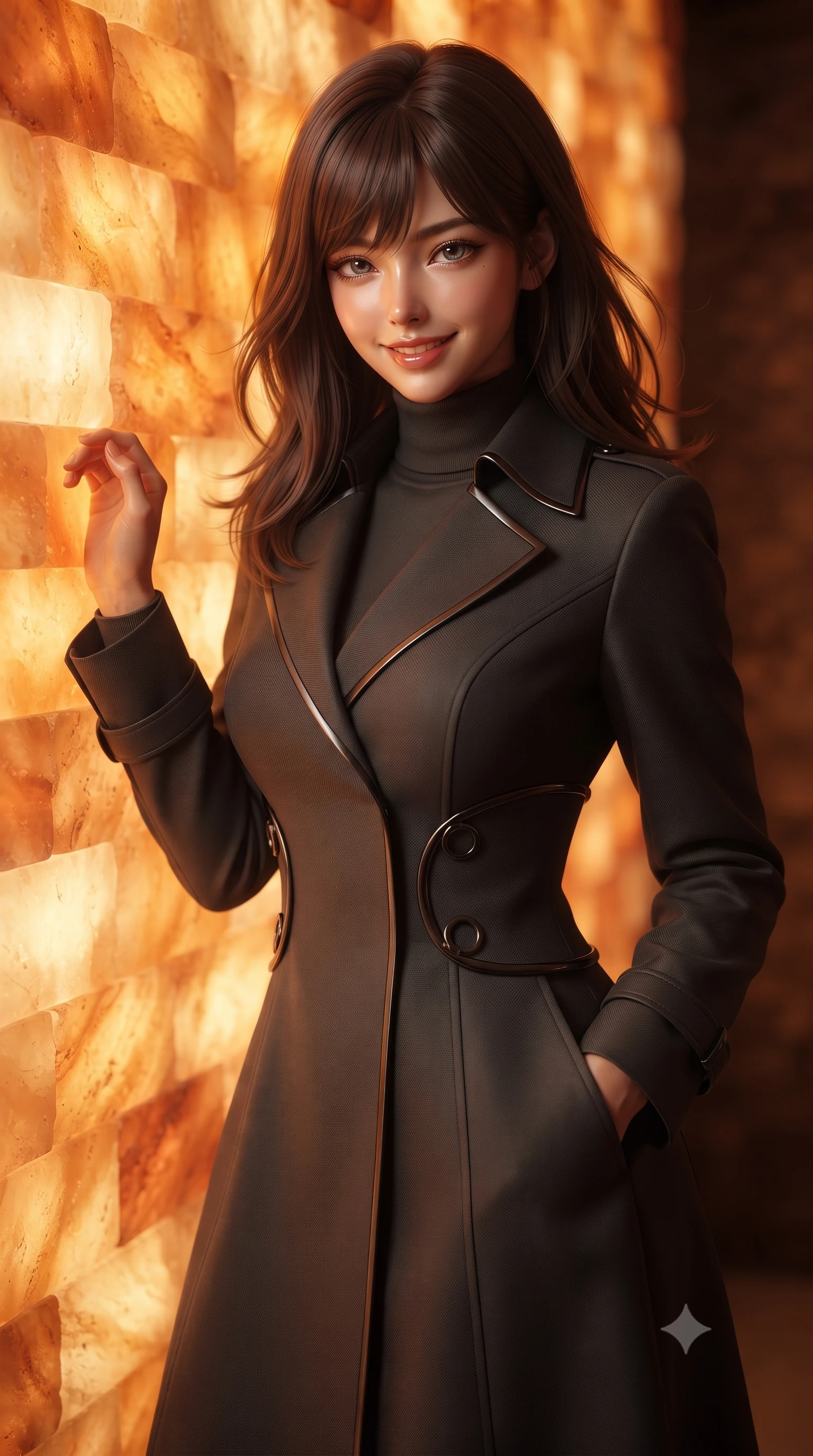 score_9, masterpiece, best quality, ultra-detailed, high-budget anime keyframe, editorial fashion photography, tasteful artistic composition, Korean woman. close-up cowboy shot from the waist and thighs up, the character dominates the composition, filling the frame with her large presence, background elements kept in soft focus. Smiling with quiet, magnetic self-assurance directly into the camera, leaning near a glowing amber Himalayan salt wall emitting a warm ethereal light, warm amber glow highlighting her sharp v-shaped jawline and glossy lips. She has an exceptionally elegant, slender, and willowy female figure with an ultra-slim waist, a gracefully sculpted slender torso, and a refined silhouette. sharp v-shaped jawline, high-bridge nose, intricate jewel-like eyes with depth, thick eyelashes, glossy lips with a natural sheen. wearing structured charcoal trench dress over sleek turtleneck in dark charcoal gray, made of matte carbon-fiber weave, trimmed with dark chrome ring hardware along the waist contours, sculpting her athletic slender build with refined precision. surrounded by a moody, intimate glow with sharp specular skin highlights. highly saturated vibrant anime colors, detailed shading with soft gradients, rich glossy textures, high-contrast stereoscopic depth, volumetric dynamic lighting, master piece, 9:16 ratio