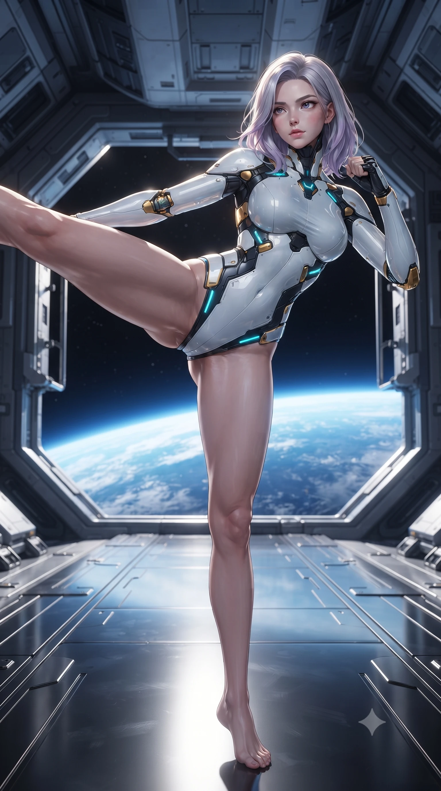 score_9, masterpiece, best quality, ultra-detailed, high-budget anime keyframe, editorial fashion photography, tasteful artistic composition, Caucasian woman. low angle full-body shot from head to toe showing her feet, filling the entire 9:16 vertical frame with her statuesque presence, stretching her vertical silhouette. pivoting dynamically in a high-speed low sweep kick along the reflective floor, her athletic torso and ultra-slim waist twisting in a fluid arc of power while stretching her slender torso in an alluring S-curve on the carbon walkway with the curved horizon of Earth glowing below. The surrounding environment is rendered in vivid detail and crisp panoramic clarity. high-contrast orbital chiaroscuro and monumental space-age engineering captured with environmental precision. She has an absolutely perfect, statuesque 8.5-heads proportion, an exceptionally tall and slender model-like female figure with impossibly long slender legs, a toned flat midriff, and an ultra-slim waist. sharp v-shaped jawline, high-bridge nose, intricate jewel-like eyes with depth, thick eyelashes, glossy lips with a natural sheen, flawlessly proportioned anatomical accuracy, strict slender model proportions, natural body alignment, perfectly sculpted long slender limbs, ultra-slim waistline, clean dynamic posture without body distortion. wearing a form-contouring arctic white carbon-composite martial arts leotard with solar gold articulation joints and diagonal midriff vents in matte obsidian carbon black with electric cyan conduits, formed from high-gloss patent carbon-plating with specular chiaroscuro reflections, accented with glowing fiber-optic conduits tracing her collarbones and hip curves, the form-contouring material adhering flawlessly to her sculpted flat midriff and slender torso, emphasizing her long leg lines and perfectly proportioned willowy build. bathed in dazzling high-noon orbital sunlight and rich blue Earth ambient bounce light. ultra-reflective glossy finish, specular highlights, dark metallic sheen, high-contrast stereoscopic depth, volumetric dynamic lighting, 2k, ultra detail, master piece, 9:16 ratio