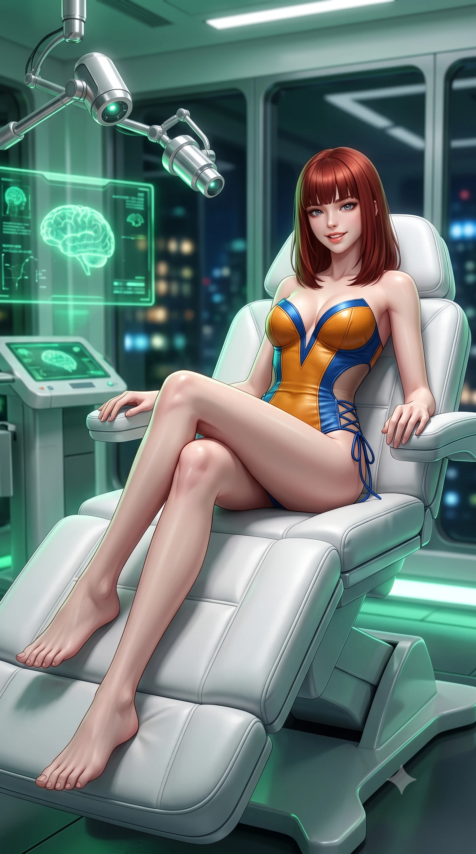 score_9, masterpiece, best quality, ultra-detailed, high-budget anime keyframe, semi-realistic 3D game render, editorial fashion photography, tasteful artistic composition, Caucasian woman. low angle full-body shot from head to toe showing her feet, filling the entire 9:16 vertical frame with her statuesque presence, stretching her vertical silhouette. reclining gracefully across the plush chaise lounge with one leg extended, her sculpted silhouette and flat midriff radiating magnetic nocturnal glamour while sitting gracefully on the sculpted white leather treatment chair with legs crossed, flashing a radiant, playful smile with parted glossy lips. The background shows a soft-focus glowing green neurological holographic displays, articulated chrome surgical laser pods, and panoramic city lights through glass blurred into emerald, platinum, and cobalt bokeh. She has an exceptionally tall and slender model-like 8.5-heads proportion, an ultra-slim waist, a flat toned midriff, narrow delicate ribcage, and beautifully sculpted feminine hips creating a graceful, slim hourglass silhouette without any bulky heaviness, with impossibly long slender legs. sharp v-shaped jawline, high-bridge nose, intricate jewel-like sparkling eyes with depth, thick eyelashes, glossy parted lips with a natural peach sheen, bright cheerful beaming smile with an enchanting and coquettish sensual glint, exuding both youthful cute charm and seductive allure, flawlessly proportioned anatomical accuracy, strict slender model proportions, natural body alignment, perfectly sculpted long slender limbs, ultra-slim waistline, clean dynamic posture without body distortion. wearing an alluring plunging sweetheart tactical bodice with sheer mesh side-waist cutouts contouring her ribs in Jovian storm amber and electric cobalt, woven from buttery-soft stretch lambskin leather adhering to her body like a second skin, featuring fine criss-cross lace-up side ties revealing tantalizing glimpses of her hip curve, the impeccably tailored cut draping gracefully along her slender figure with aristocratic poise. bathed in pristine 6000K clinical white light combined with soft emerald holographic ambient glow. highly saturated vibrant anime colors, detailed shading with soft gradients, rich glossy textures, high-contrast stereoscopic depth, volumetric dynamic lighting, master piece, 9:16 ratio