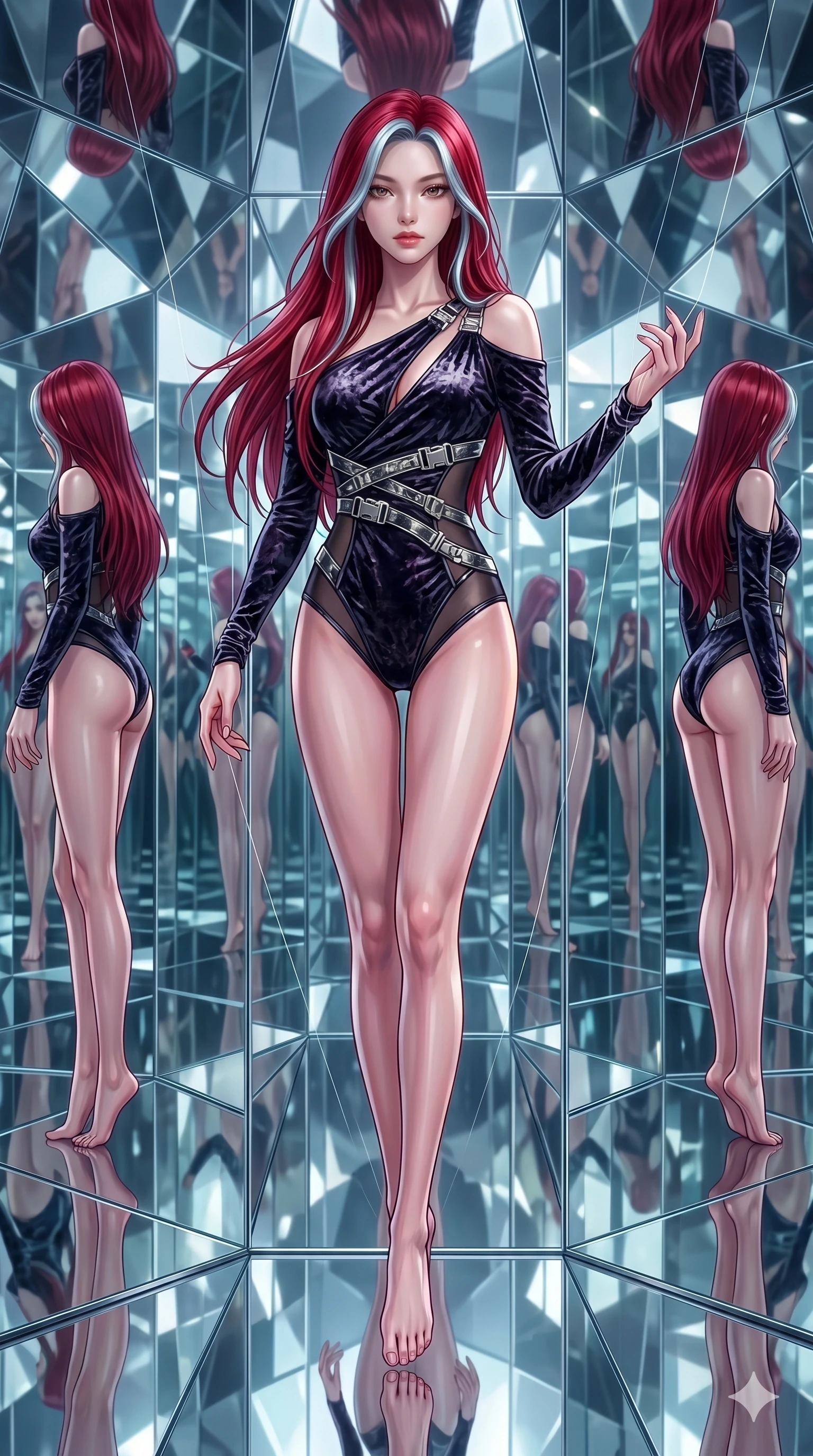 score_9, masterpiece, best quality, ultra-detailed, High-budget Anime Keyframe, East Asian woman. Dynamic full-body shot stretching the vertical silhouette to the limit. Scenario 36: Suspended by invisible silk threads in a hall of mirrors. Her presence is magnetic and overpowering in this high-budget anime scene. Outfit 36: A crushed dark velvet mesh with a low-cut shoulder and metallic buckles. The clothing is designed to emphasize her exceptionally tall and slender 8-heads proportion. 8-heads proportion, towering silhouette, ultra-slim waist. sharp v-shaped jawline, intricate jewel-like eyes with depth, thick eyelashes, glossy lips. 2k, ultra detail, master piece, 9:16 ratio