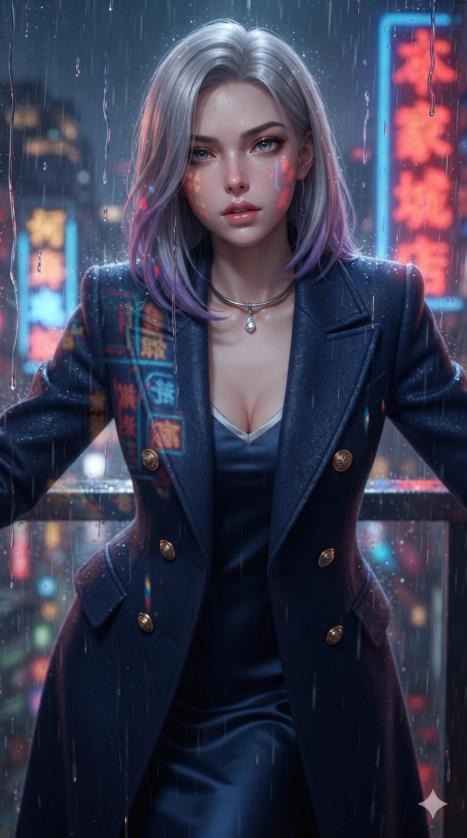 score_9, masterpiece, best quality, ultra-detailed, high-budget anime keyframe, editorial fashion photography, tasteful artistic composition, Caucasian woman. close-up cowboy shot from the waist and thighs up, the character dominates the composition, filling the frame with her large presence. leaning forward while arching her lower back to accentuate her curvy hips, looking into the camera with an intoxicating smoldering gaze and bedroom-eyes while leaning against the illuminated balcony shelter with hips cocked back, looking through rain-streaked glass with heavy-lidded seductive eyes. The background shows a soft-focus rain-slicked urban night atmosphere softened in Shanghai rooftop balcony shallow focus. She has an exceptionally elegant, slender, and willowy female figure with an ultra-slim waist, flat toned midriff, narrow ribcage, and sculpted feminine hips creating an alluring, slim hourglass silhouette without bulk. sharp v-shaped jawline, high-bridge nose, intricate jewel-like sparkling eyes with depth, thick eyelashes, glossy parted lips with a natural sheen, intensely captivating and seductive bedroom-eyes expression, exuding both youthful cute charm and sovereign luxury allure, flawlessly proportioned anatomical accuracy, strict slender model proportions, natural body alignment, perfectly sculpted long slender limbs, ultra-slim waistline, clean dynamic posture without body distortion. wearing a structured Belle Époque cashmere opera greatcoat with polished brass crest buttons layered over a high-neck slip in midnight sapphire blue and liquid platinum, woven from high-density tech-wool with subtle metallic thread weave, finished with a minimalist chrome choker and a single teardrop diamond pendant, the bespoke structured tailoring following the natural line of her 8.5-heads silhouette with refined elegance. bathed in the intense, high-saturation glow of multi-colored neon signage reflecting off wet surfaces. ultra-reflective glossy finish, specular highlights, rich textural contrasts, high-contrast stereoscopic depth, volumetric dynamic lighting, 2k, ultra detail, master piece, 9:16 ratio
