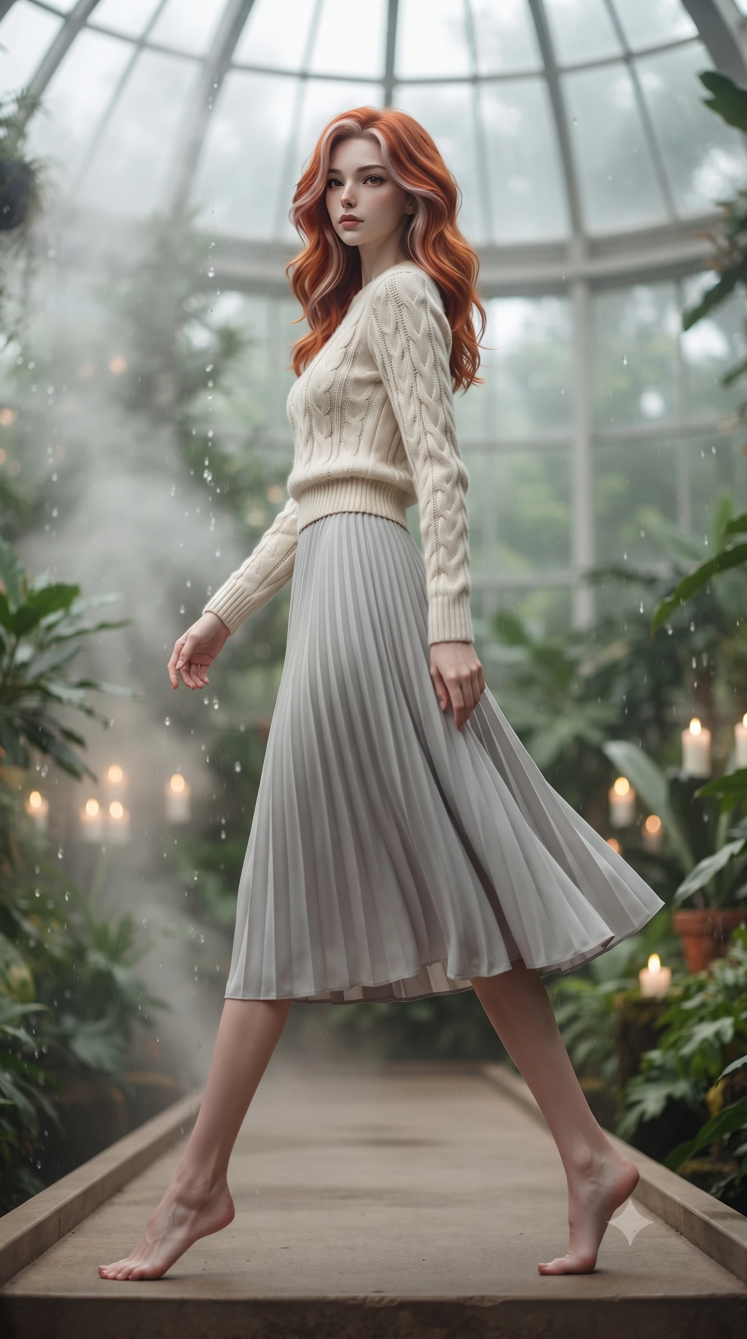 score_9, masterpiece, best quality, ultra-detailed, high-budget anime keyframe, editorial fashion photography, tasteful artistic composition, Caucasian woman. low angle full-body shot from head to toe showing her feet, filling the entire 9:16 vertical frame with her statuesque presence, stretching her vertical silhouette. stepping gracefully while looking back over her shoulder, her dress draped tightly to reveal her silhouette the background shows a soft-focus a glass dome botanical garden in the desert, filled with tropical plants and steam. She has an absolutely perfect, statuesque 8.5-heads proportion, an exceptionally tall and slender model-like female figure with impossibly long slender legs and an ultra-slim waist. sharp v-shaped jawline, high-bridge nose, intricate jewel-like eyes with depth, thick eyelashes, glossy lips with a natural sheen. wearing a slim-fit cozy cable-knit knit sweater in ivory wool, paired with a pleated light grey midi skirt. soft flickering candle glow refracting through the moving water droplets. ultra-reflective glossy finish, specular highlights, metallic sheen, high-contrast stereoscopic depth, volumetric dynamic lighting, 2k, ultra detail, master piece, 9:16 ratio