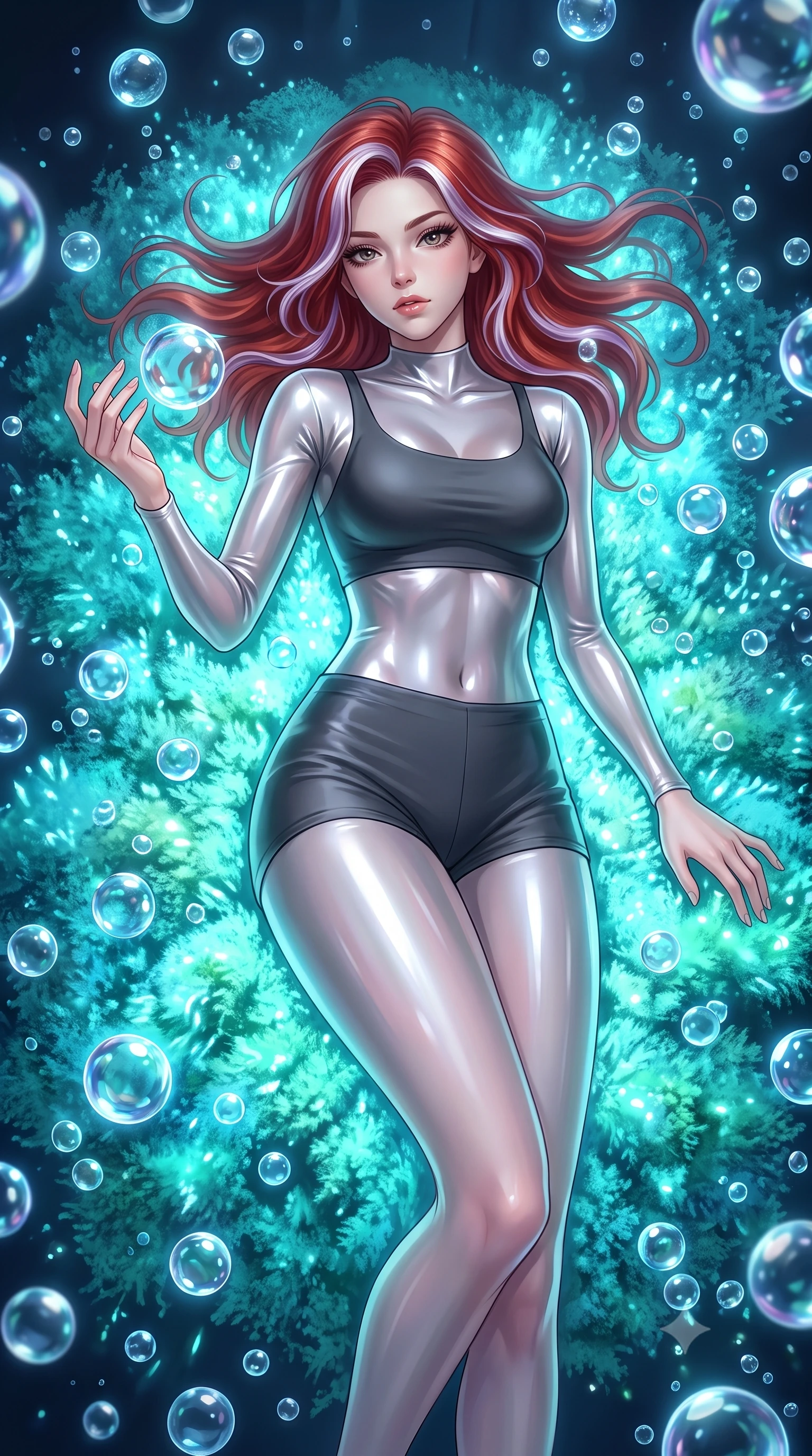 score_9, masterpiece, best quality, ultra-detailed, High-budget Anime Keyframe, Caucasian woman, strictly human ears. Low angle cowboy shot filling the entire 9:16 frame with her statuesque presence. Scenario 467: lying gracefully on a bed of bioluminescent moss inside a zero-gravity sanctuary filled with floating water spheres. Her presence is magnetic and overpowering in this high-budget anime scene. Outfit 467: a form-contouring liquid silver liquid silk bodysuit worn over an opaque crop top and high-waisted shorts. The clothing is designed to emphasize her exceptionally tall and slender 8-heads proportion. 8-heads proportion, towering silhouette, ultra-slim waist. sharp v-shaped jawline, intricate jewel-like eyes with depth, thick eyelashes, glossy lips. 2k, ultra detail, master piece, 9:16 ratio