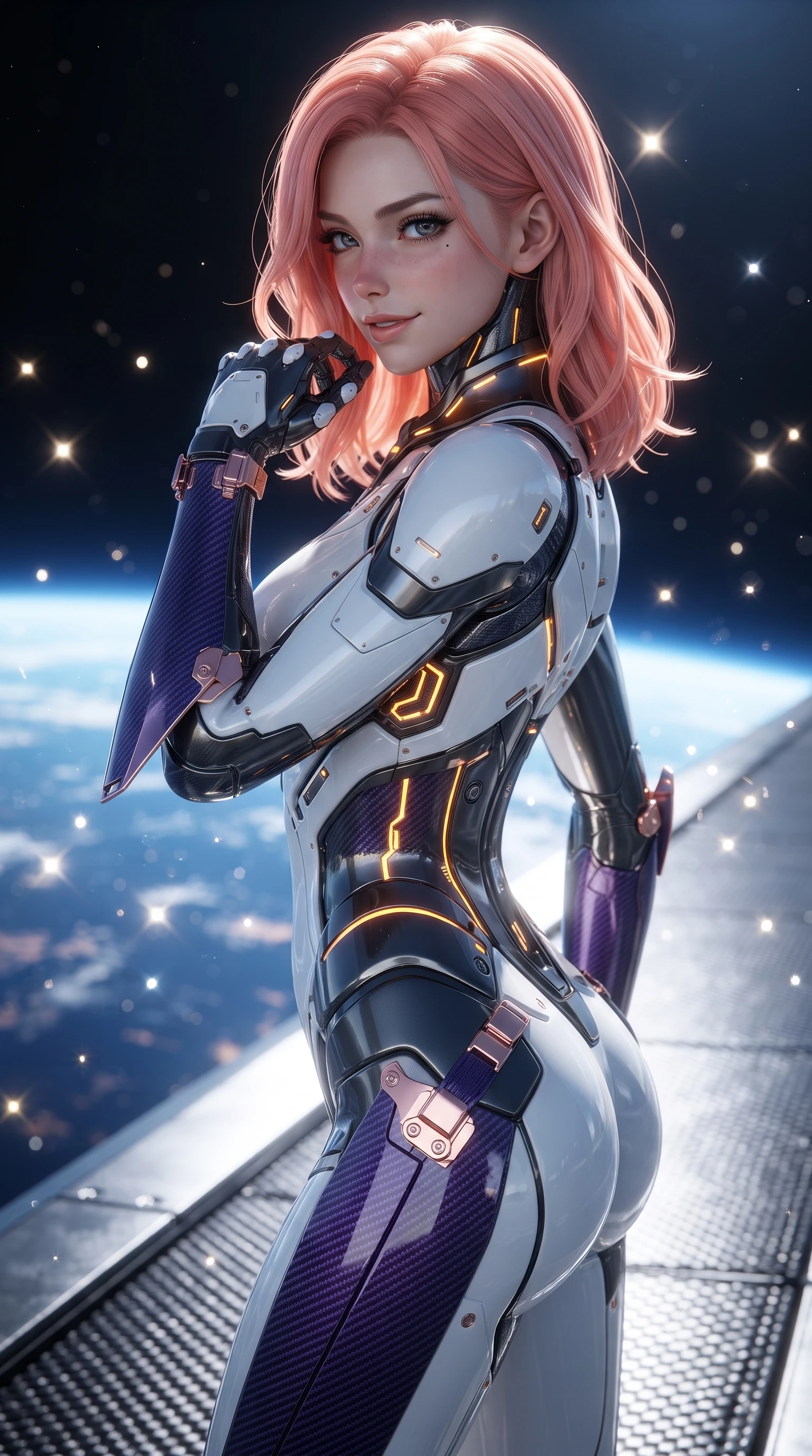 score_9, masterpiece, best quality, ultra-detailed, high-budget anime keyframe, editorial fashion photography, tasteful artistic composition, Japanese woman. close-up cowboy shot from the waist and thighs up, the character dominates the composition, filling the frame with her large presence. resting one hand in a defensive deflective posture while glancing over her shoulder with thick eyelashes and a confident, smoldering combat half-smile while stretching her slender torso in an alluring S-curve on the carbon walkway with the curved horizon of Earth glowing below. The composition keeps background elements in soft focus with creamy bokeh. sparkling kinetic deflection energy motes scattering bright glints across a breathtaking orbital backdrop. She has an exceptionally elegant, slender, and willowy female figure with an ultra-slim waist, a gracefully sculpted slender torso, toned flat midriff, and a refined slim silhouette. sharp v-shaped jawline, high-bridge nose, intricate jewel-like eyes with depth, thick eyelashes, glossy lips with a natural sheen, flawlessly proportioned anatomical accuracy, strict slender model proportions, natural body alignment, perfectly sculpted long slender limbs, ultra-slim waistline, clean dynamic posture without body distortion. wearing a high-contrast monochrome white-and-black carbon-composite exoskeleton suit with glowing amber circuitry and aerodynamic limb fins in royal purple carbon fiber with rose-gold hardware and clasps, made of lightweight aerodynamic carbon-titanium alloy with polished edge bevels, featuring a sleek aerodynamic collar framed by subtle glowing cybernetic status LEDs, the glove-like aerodynamic second-skin fit tightly clinging to her ultra-slender waist and athletic curves without adding bulk, accentuating her razor-sharp statuesque lines and slim hourglass silhouette. bathed in dazzling high-noon orbital sunlight and rich blue Earth ambient bounce light. ultra-reflective glossy finish, specular highlights, dark metallic sheen, high-contrast stereoscopic depth, volumetric dynamic lighting, 2k, ultra detail, master piece, 9:16 ratio