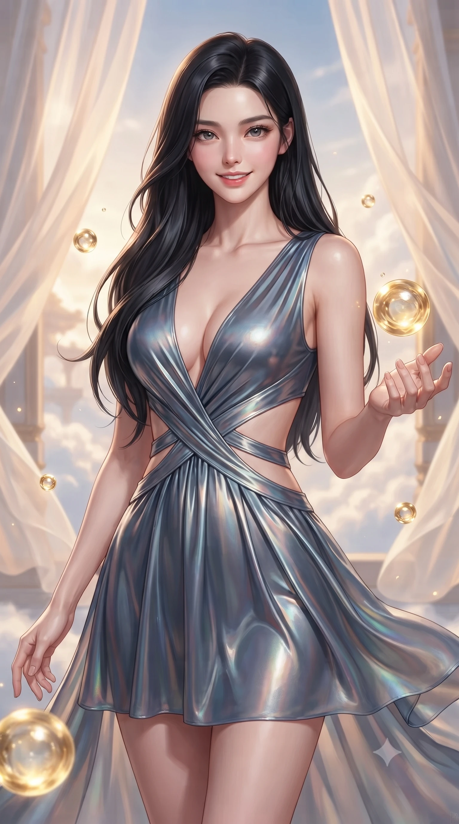 score_9, masterpiece, best quality, ultra-detailed, high-budget anime keyframe, editorial fashion photography, tasteful artistic composition, Korean woman. close-up cowboy shot from the waist and thighs up, the character dominates the composition, filling the frame with her large presence, background elements kept in soft focus. Smiling with quiet, magnetic self-assurance directly into the lens interacting with floating golden water Orbs in a cloudtop palace court, translucent silk curtains drifting lazily in a warm sky breeze. She has an exceptionally elegant, slender, and willowy female figure with an ultra-slim waist, a gracefully sculpted slender torso, and a refined silhouette. sharp v-shaped jawline, high-bridge nose, intricate jewel-like eyes with depth, thick eyelashes, glossy lips with a natural sheen. wearing a liquid mercury gloss mini dress with ultra-deep V-neck and waist cutouts in slate blue and metallic silver, crafted from iridescent chiffon that shifts colors in the light, featuring clean architectural cutouts along her slender torso, the tailored fabric tightly following every curve of her athletic build. surrounded by a bright, luxurious aura of warm sunshine and sky reflections. ultra-reflective glossy finish, specular highlights, metallic sheen, high-contrast stereoscopic depth, volumetric dynamic lighting, 2k, ultra detail, master piece, 9:16 ratio