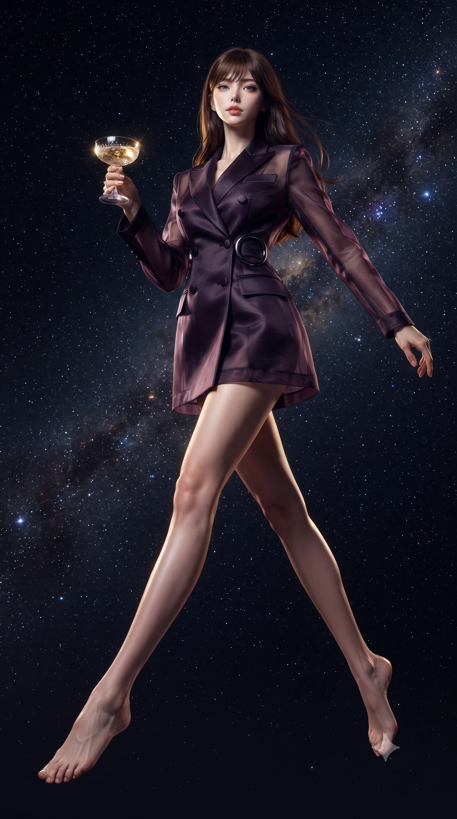 score_9, masterpiece, best quality, ultra-detailed, high-budget anime keyframe, editorial fashion photography, tasteful artistic composition, Korean woman. low angle full-body shot from head to toe showing her feet, filling the entire 9:16 vertical frame with her statuesque presence, stretching her vertical silhouette. leaping dynamically through the starry space, her posture full of power and elegance, holding a crystal champagne coupe as soft golden light catches the liquid, sensual nocturnal ambiance with high-fashion luxury details. She has an absolutely perfect, statuesque 8.5-heads proportion, an exceptionally tall and slender model-like female figure with impossibly long slender legs and an ultra-slim waist. sharp v-shaped jawline, high-bridge nose, intricate jewel-like eyes with depth, thick eyelashes, glossy lips with a natural sheen. wearing tailored double-breasted obsidian blazer dress with silk lapels in dark plum violet, made of sheer dark organza overlay, accented with sculpted obsidian chrome rings at the waist, accentuating her gracefully sculpted slender torso. lit by low-key golden rays highlighting her refined silhouette. ultra-reflective glossy finish, specular highlights, metallic sheen, high-contrast stereoscopic depth, volumetric dynamic lighting, 2k, ultra detail, master piece, 9:16 ratio