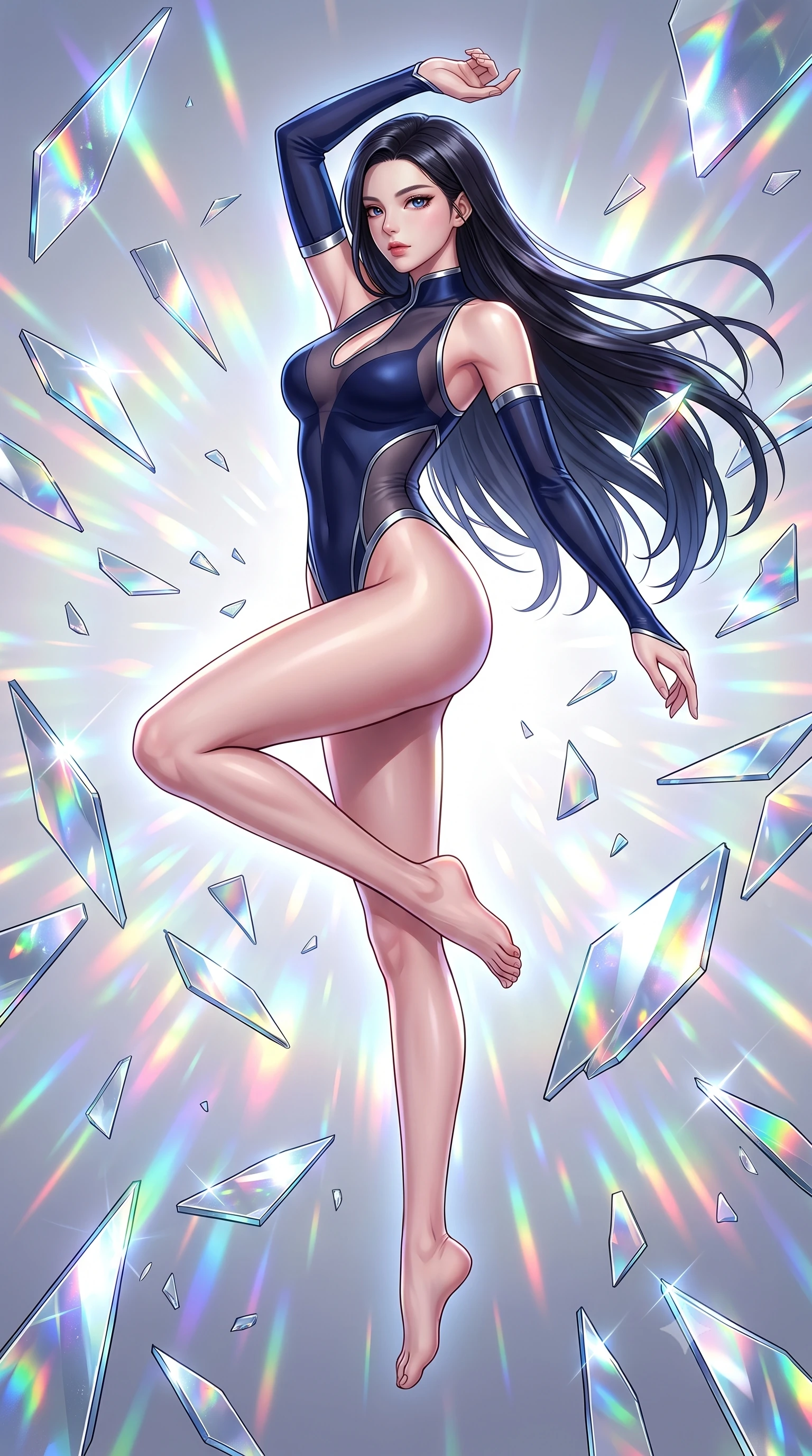 score_9, masterpiece, best quality, ultra-detailed, high-budget anime keyframe, editorial fashion photography, tasteful artistic composition, Korean woman. low angle full-body shot from head to toe showing her feet, filling the entire 9:16 vertical frame with her statuesque presence, stretching her vertical silhouette. performing an athletic mid-air rotation with flawless poise, her vertical silhouette beautifully stretched while turning in a sharp dynamic profile while surrounded by rotating shattered mirror shards, shattered mirror shards scattering brilliant rainbow reflections everywhere. She has an absolutely perfect, statuesque 8.5-heads proportion, an exceptionally tall and slender model-like female figure with impossibly long slender legs and an ultra-slim waist. sharp v-shaped jawline, high-bridge nose, intricate jewel-like eyes with depth, thick eyelashes, glossy lips with a natural sheen, flawlessly proportioned anatomical accuracy, natural body alignment, perfectly sculpted elegant limbs, clean dynamic posture without body distortion. wearing an asymmetrical high-cut tech-bodysuit with detached sleeves in midnight navy blue and chrome trim, woven from fine semi-opaque sheer organza, accented with a Tasteful chest slit framing her clavicle gracefully, the glove-like fit emphasizing her statuesque silhouette during motion. surrounded by a radiant, high-energy reflection aura. highly saturated vibrant anime colors, detailed shading with soft gradients, rich glossy textures, high-contrast stereoscopic depth, volumetric dynamic lighting, master piece, 9:16 ratio