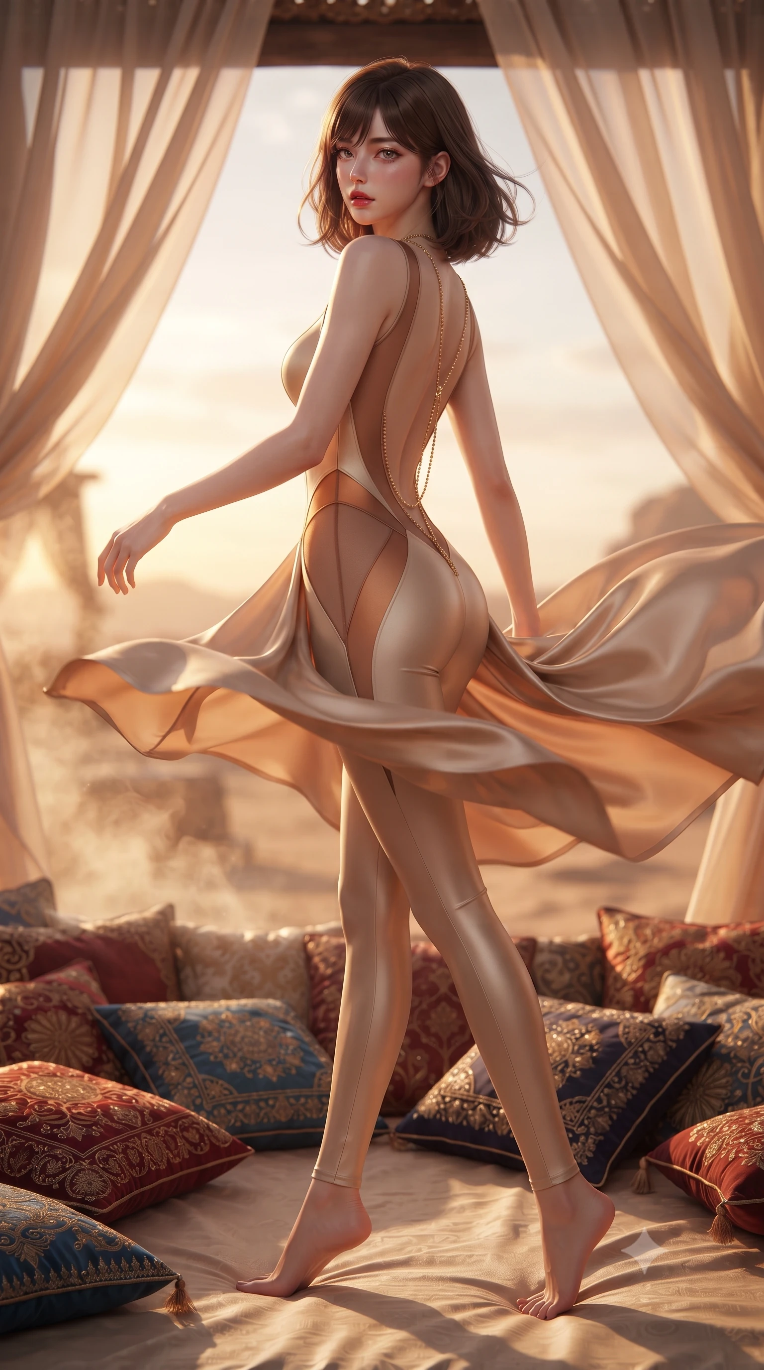 score_9, masterpiece, best quality, ultra-detailed, high-budget anime keyframe, editorial fashion photography, tasteful artistic composition, Korean woman. low angle full-body shot from head to toe showing her feet, filling the entire 9:16 vertical frame with her statuesque presence, stretching her vertical silhouette. executing an elegant mid-motion pivot turn as garments swirl around her slender limbs, glancing over her shoulder with an intoxicating bedroom-gaze while stretching languidly across an outdoor desert daybed strewn with embroidered silk cushions, parted glossy lips glowing in molten sunset light. The composition keeps background elements in soft focus with creamy bokeh. billowing silk canopy drapes and rising desert heat haze softened in dreamy shallow focus. She has an absolutely perfect, statuesque 8.5-heads proportion, an exceptionally tall and slender model-like female figure with impossibly long slender legs, a toned flat midriff, an ultra-slim waist, and beautifully sculpted feminine hips. sharp v-shaped jawline, high-bridge nose, intricate jewel-like eyes with depth, thick eyelashes, glossy parted lips with a natural sheen, intensely captivating and seductive bedroom-eyes expression, flawlessly proportioned anatomical accuracy, strict slender model proportions, natural body alignment, perfectly sculpted long slender limbs, ultra-slim waistline, clean dynamic posture without body distortion. wearing a second-skin sand-colored compression jumpsuit with sheer mesh contouring panels along the spine and hips in rich copper bronze and warm amber, tailored from ultra-smooth duchess satin with a pearlescent desert sheen, accented with a glittering gold back chain tracing her bare spine down to her hip line, the form-contouring material adhering flawlessly to her sculpted flat midriff and slender torso, emphasizing her long leg lines and perfectly proportioned willowy build. surrounded by an exotic, sovereign, and breathlessly captivating desert mirage queen aura. ultra-reflective glossy finish, specular highlights, rich textural contrasts, high-contrast stereoscopic depth, volumetric dynamic lighting, 2k, ultra detail, master piece, 9:16 ratio